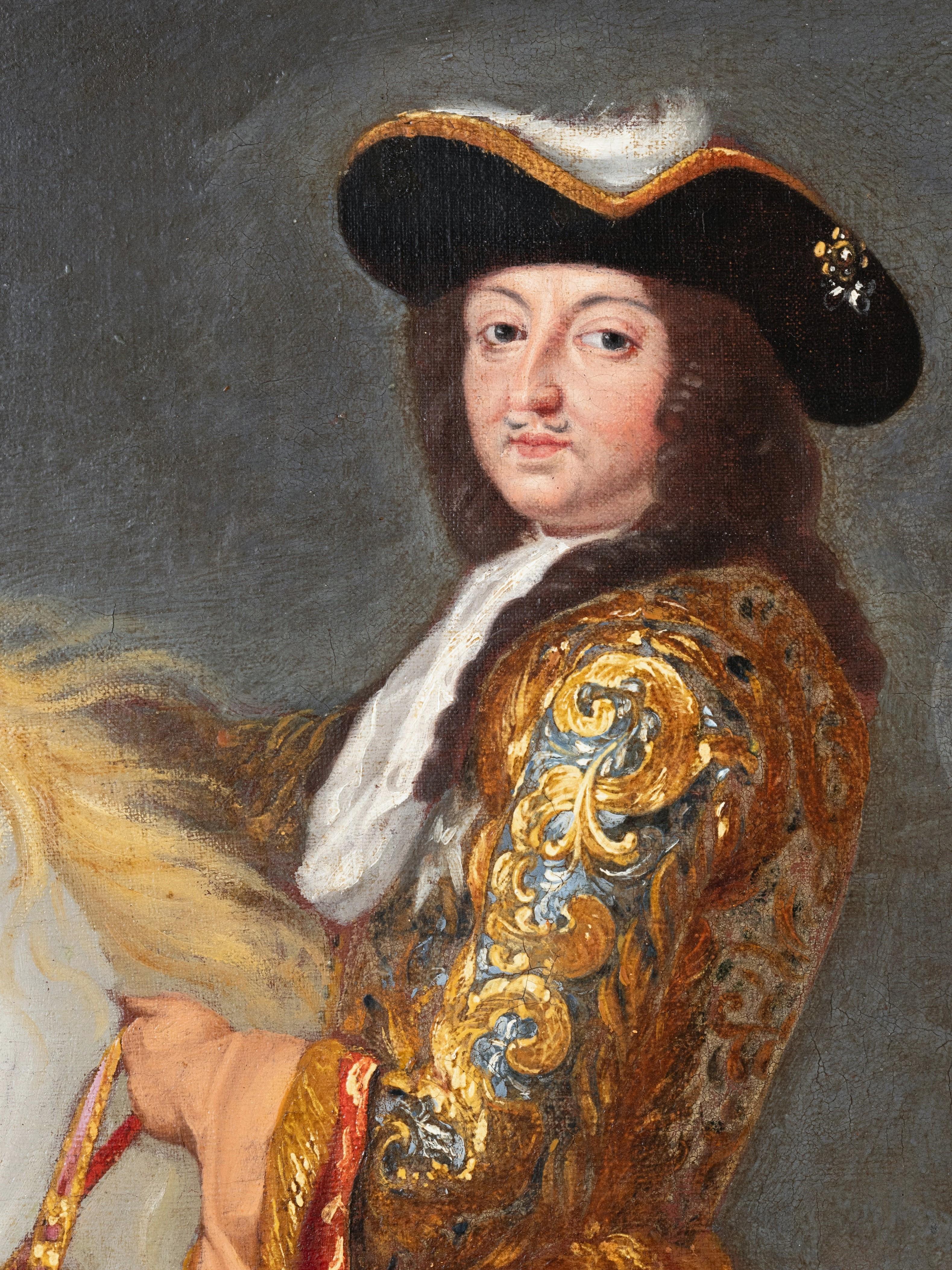 Ritratto equestre di Luigi XIV,
Officina di René Antoine Houasse, (Parigi, 1645 circa - Parigi, 1710)
Scuola francese della fine del XVII secolo, 1690 ca.
Olio su tela, h. 100 cm, l. 80 cm
Importante cornice in legno dorato del XVII secolo