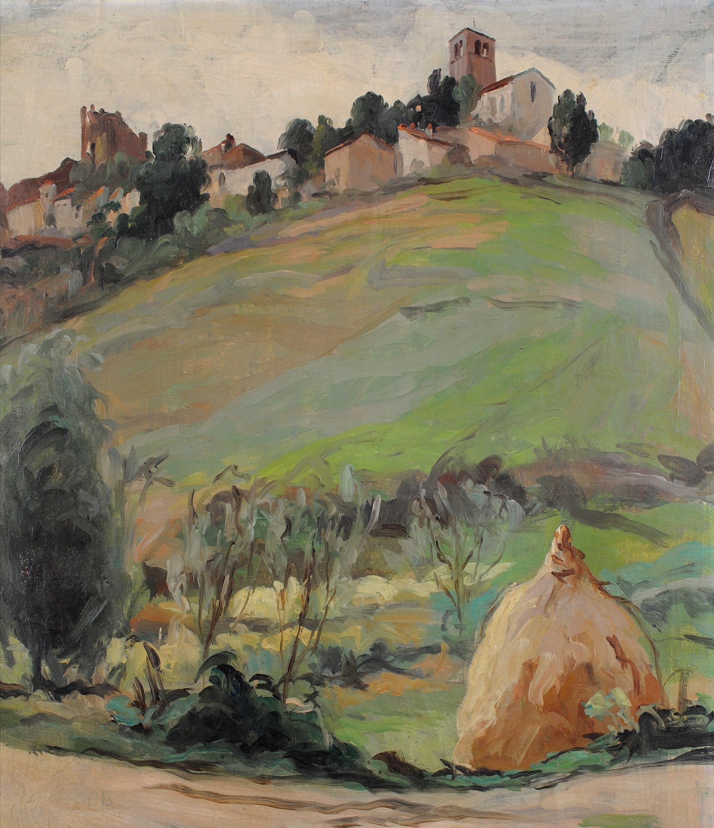 Landscape in Haute Loire - French Impressionist Hay Bale Oil on Canvas Painting - Brown Landscape Painting by René Aubert
