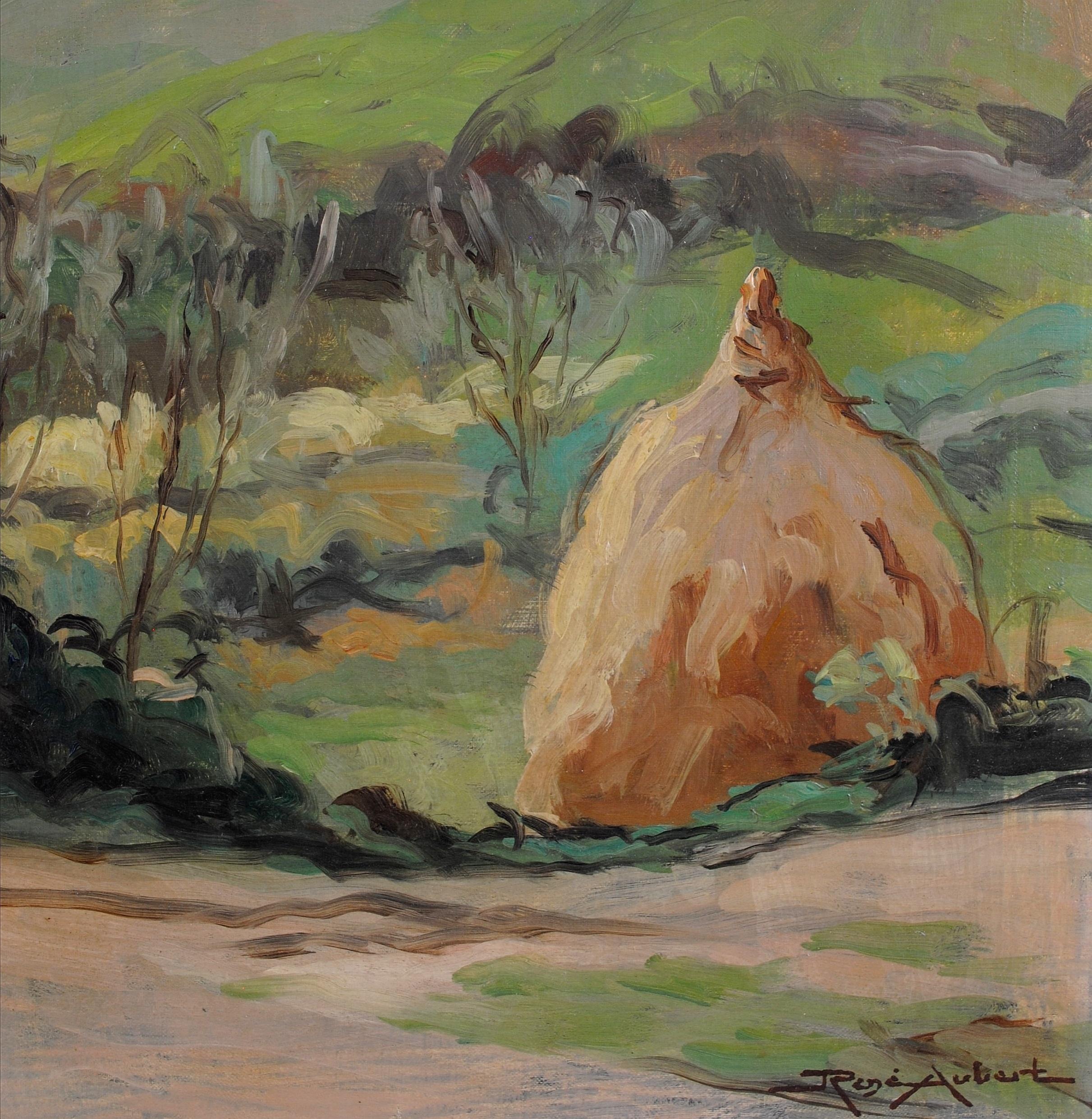 A beautiful 1930's French impressionist oil on canvas depicting a landscape in the Haute Loire region with hay bale and hilltop village, by René Aubert. 

Excellent quality work in very good original condition by this noted French artist. Signed