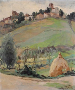 Landscape in Haute Loire - French Impressionist Hay Bale Oil on Canvas Painting