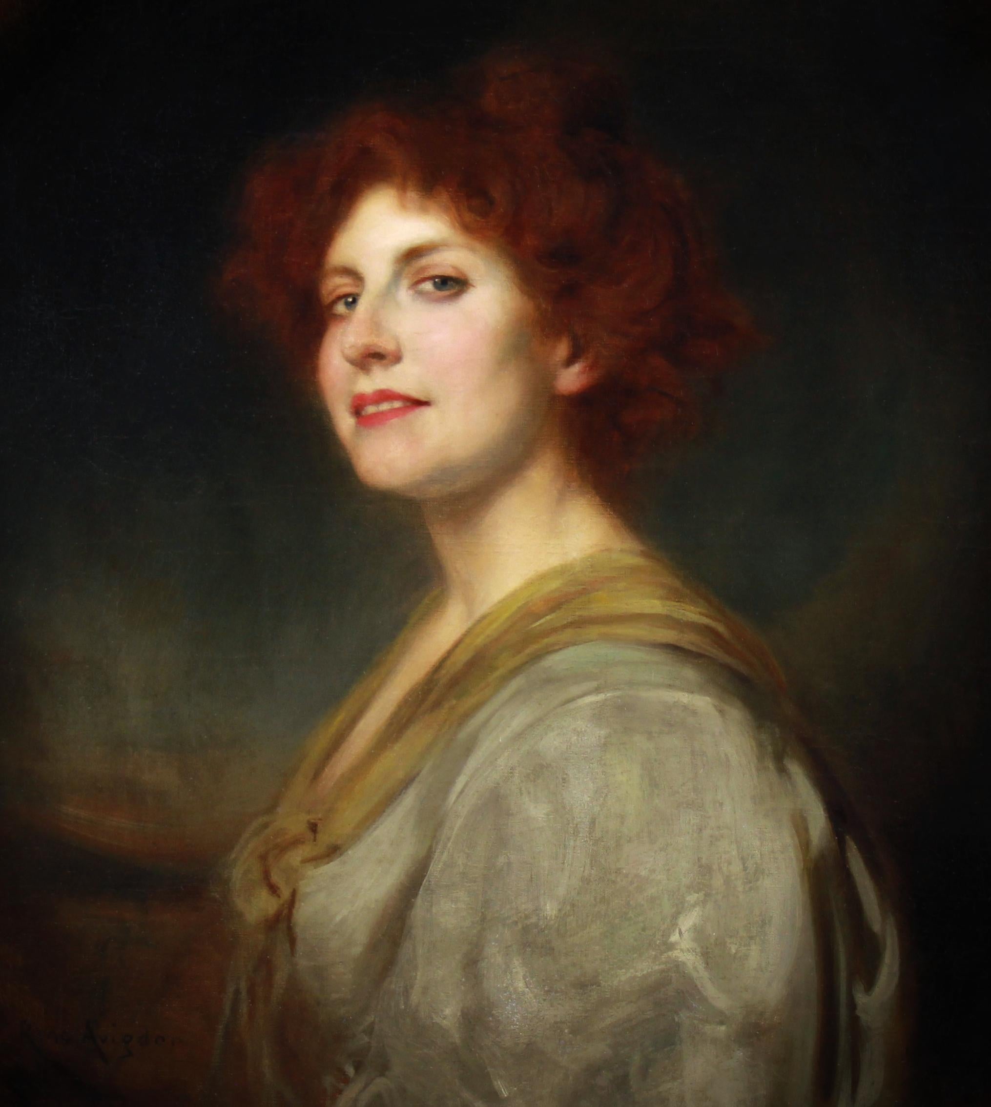 Retrato de belleza pelirroja óleo sobre lienzo por René Avigdor Siglo XIX en venta 1