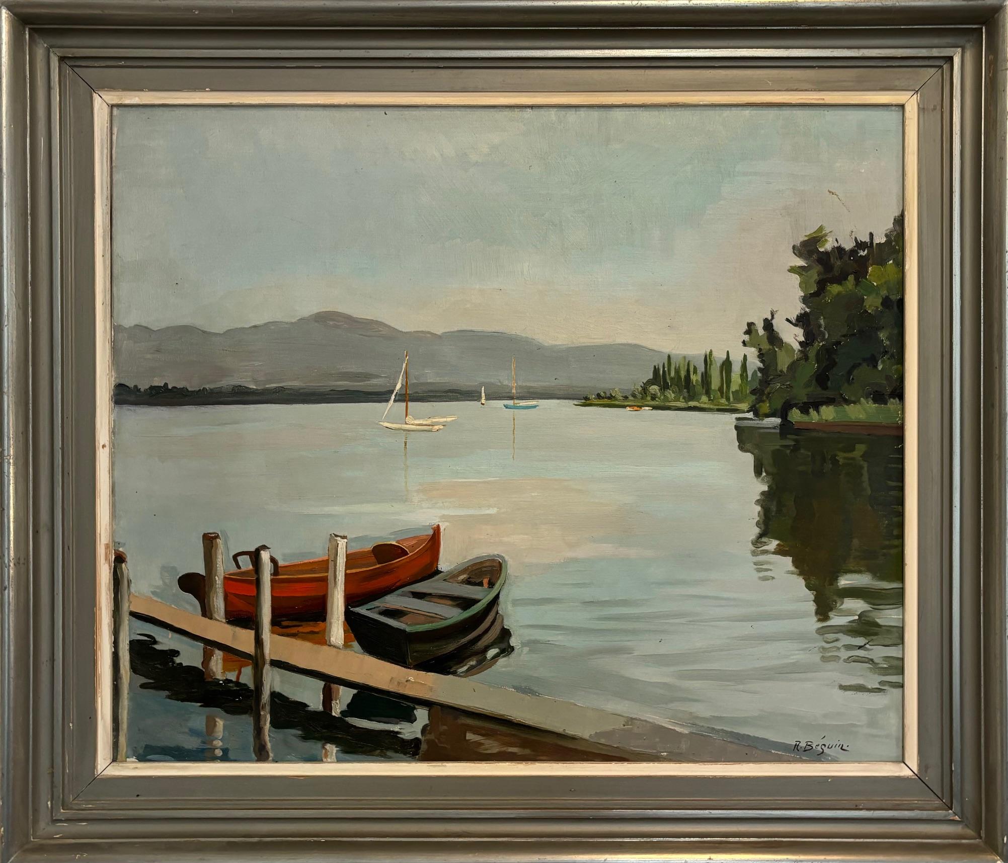 Barche sul lago Lemano di René Béguin - Olio su tela 54x65 cm - Painting di René Beguin