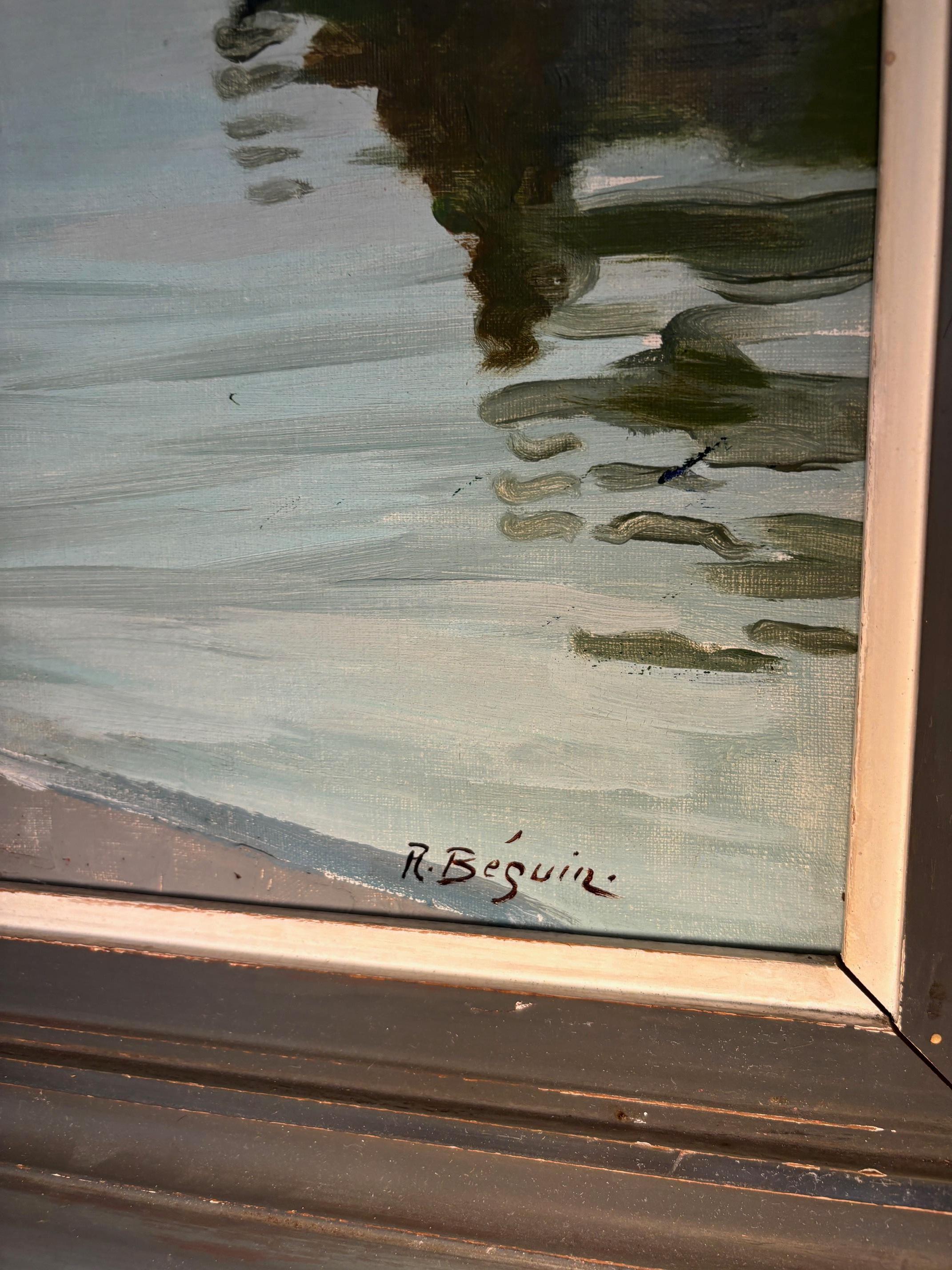 Barche sul lago Lemano di René Béguin - Olio su tela 54x65 cm - Landscape Painting Grigio di René Beguin