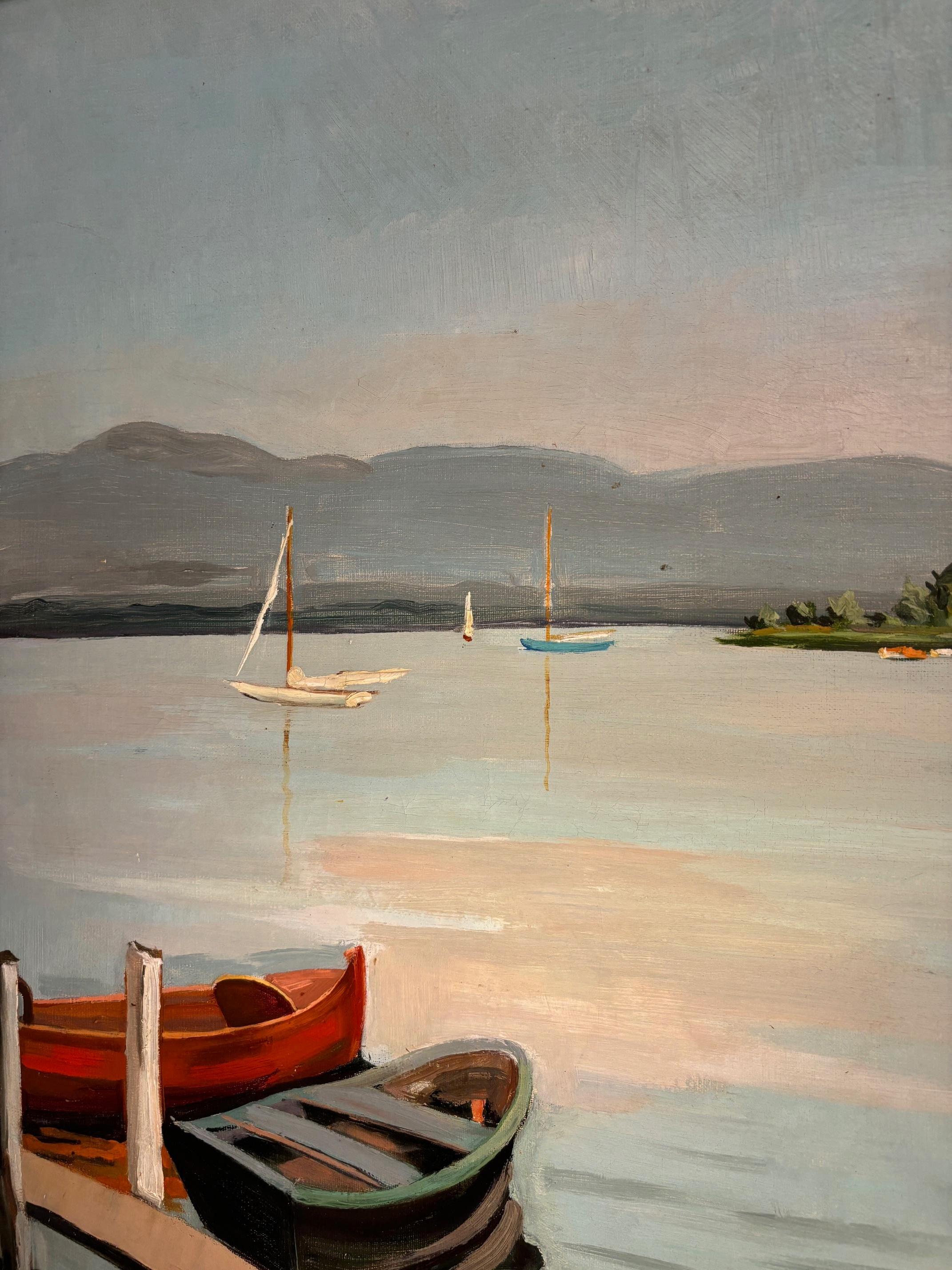 Barche sul lago Lemano di René Béguin - Olio su tela 54x65 cm in vendita 2