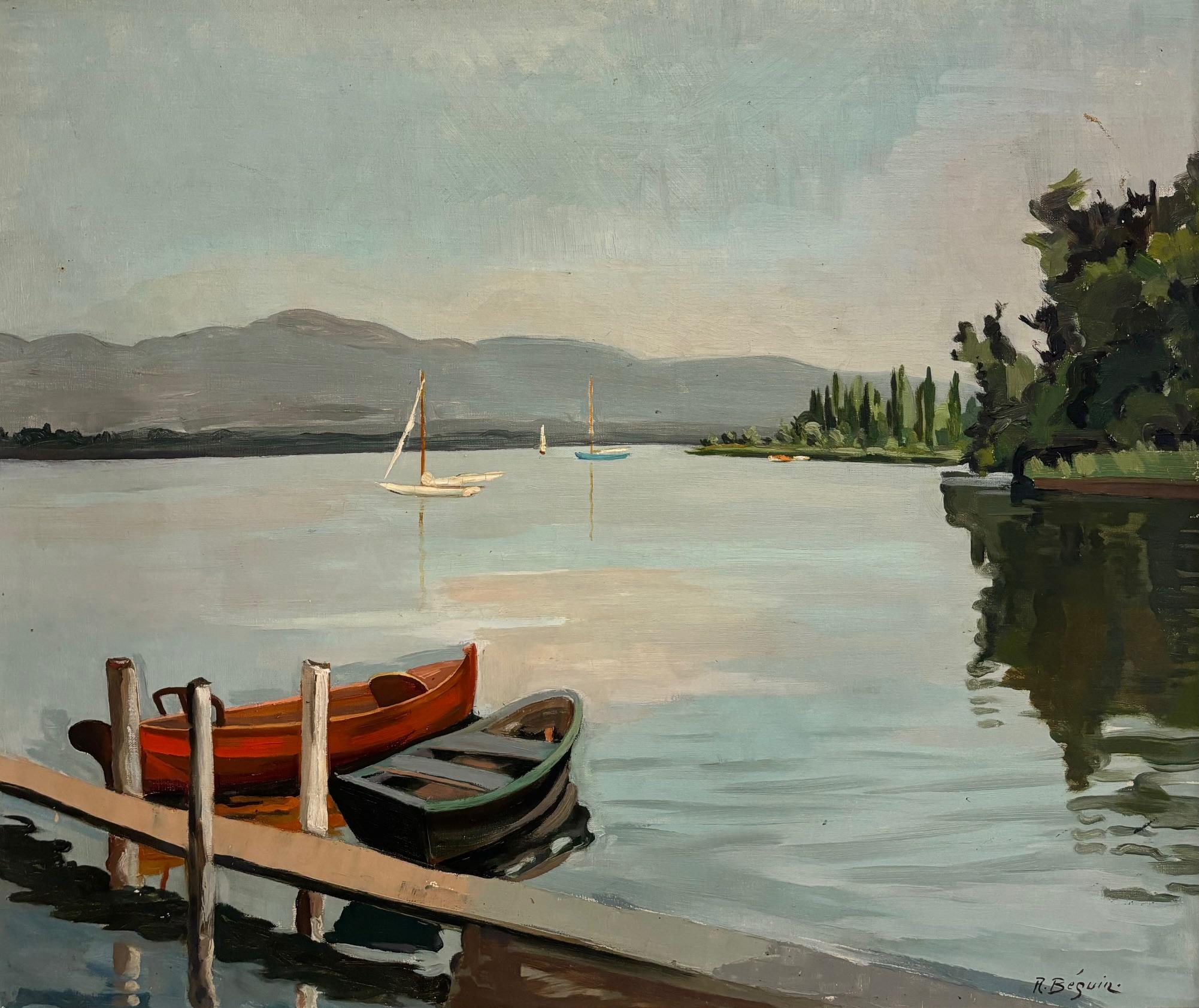 Landscape Painting di René Beguin - Barche sul lago Lemano di René Béguin - Olio su tela 54x65 cm