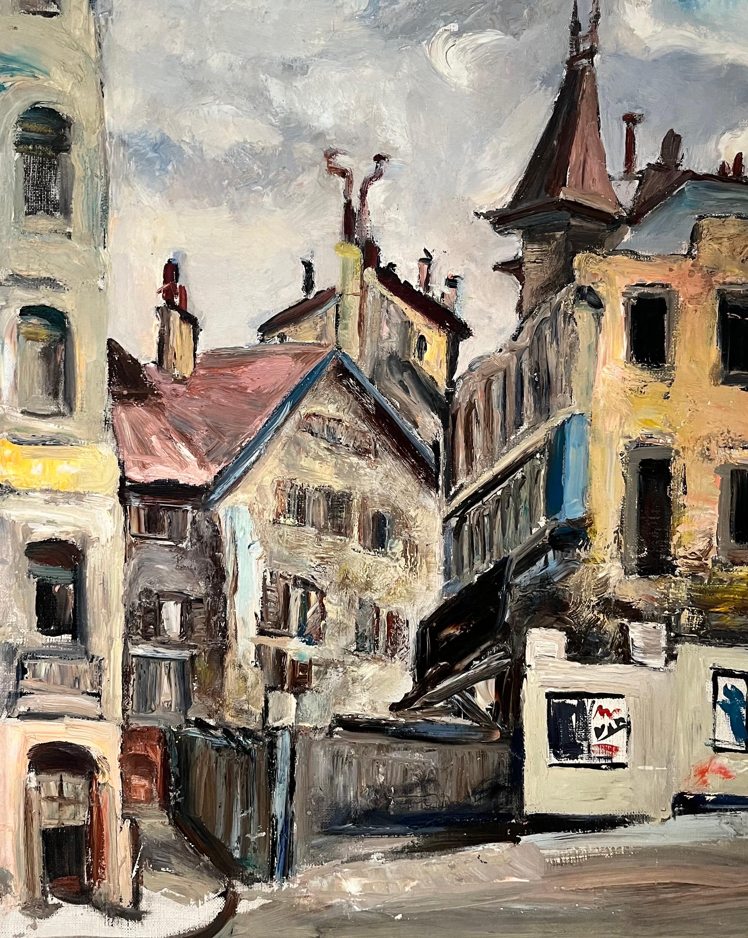 Stadtfassaden von René Béguin - Öl auf Leinwand 54x65 cm (Beige), Landscape Painting, von René Beguin