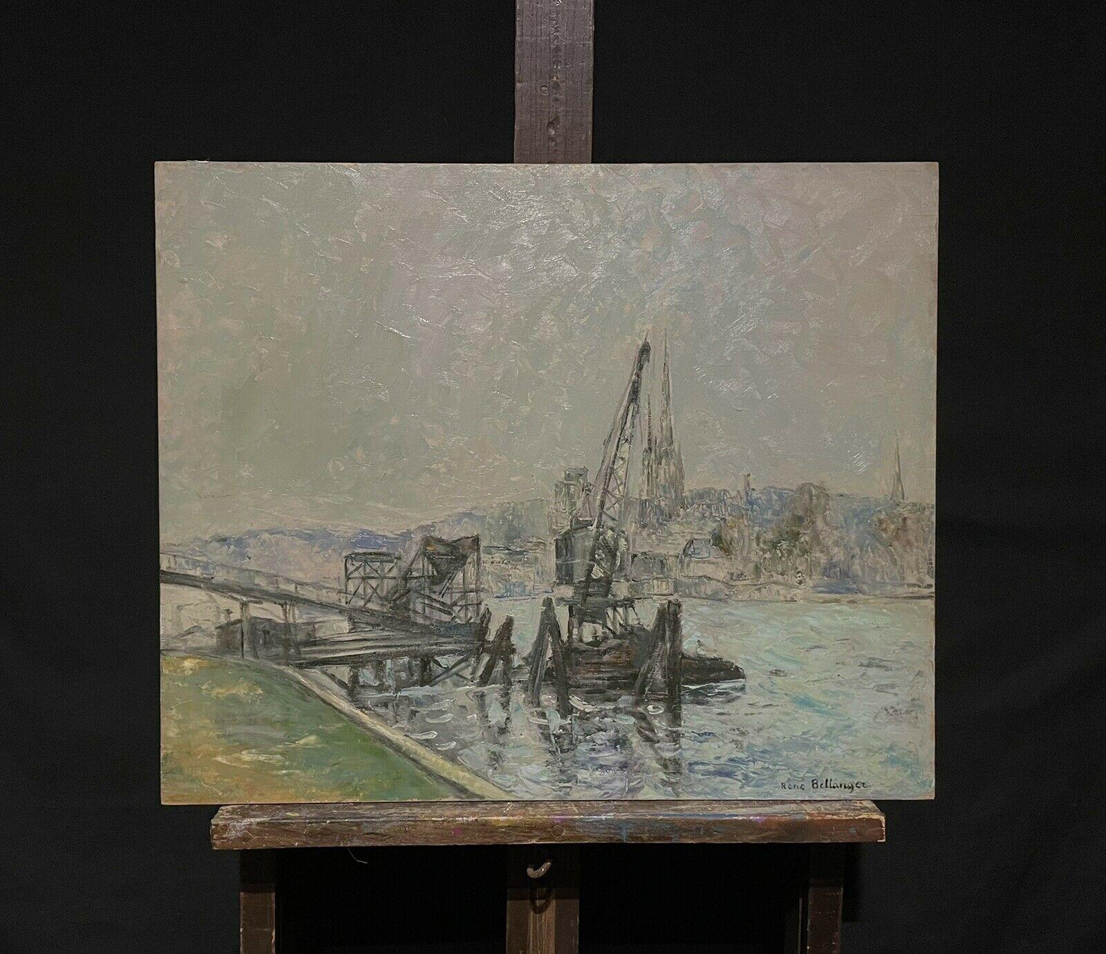 1930's French Post-Impressionist Signed Oil Industrial Docks & Boats on River - Painting by René Bellanger
