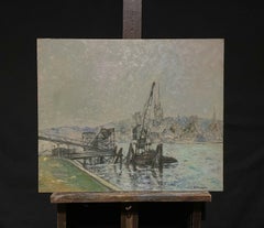 1930's French Post-Impressionist Signed Oil Industrial Docks & Boats on River