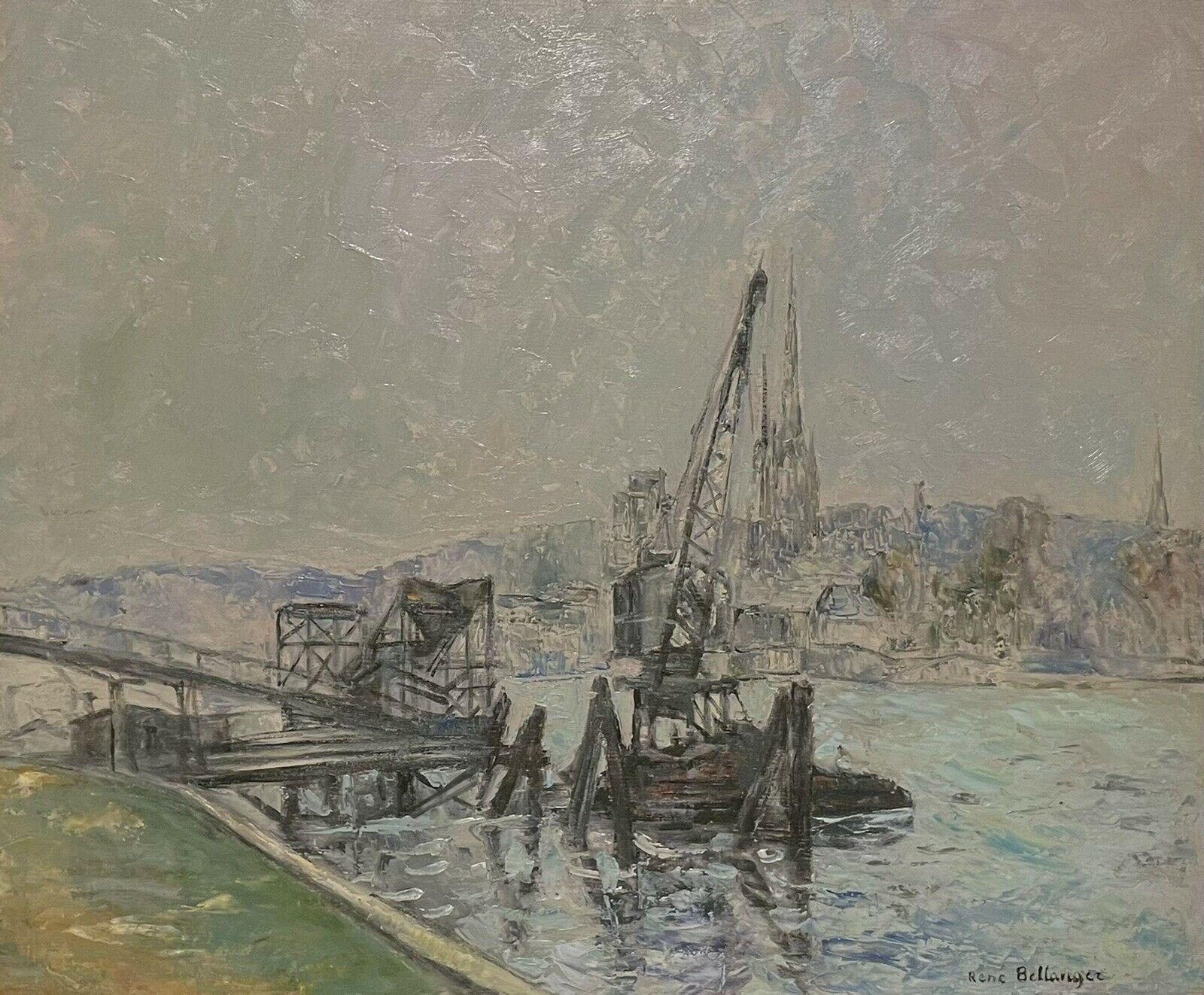 René Bellanger Landscape Painting - 1930's French Post-Impressionist Signed Oil Industrial Docks & Boats on River