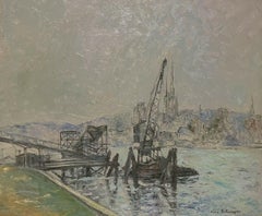 1930's French Post-Impressionist Signed Oil Industrial Docks & Boats on River