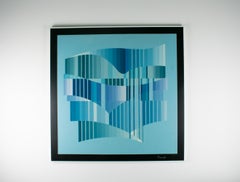 Blue Geometric Abstract Op-Art Composition Acrylic Painting by René Berdal