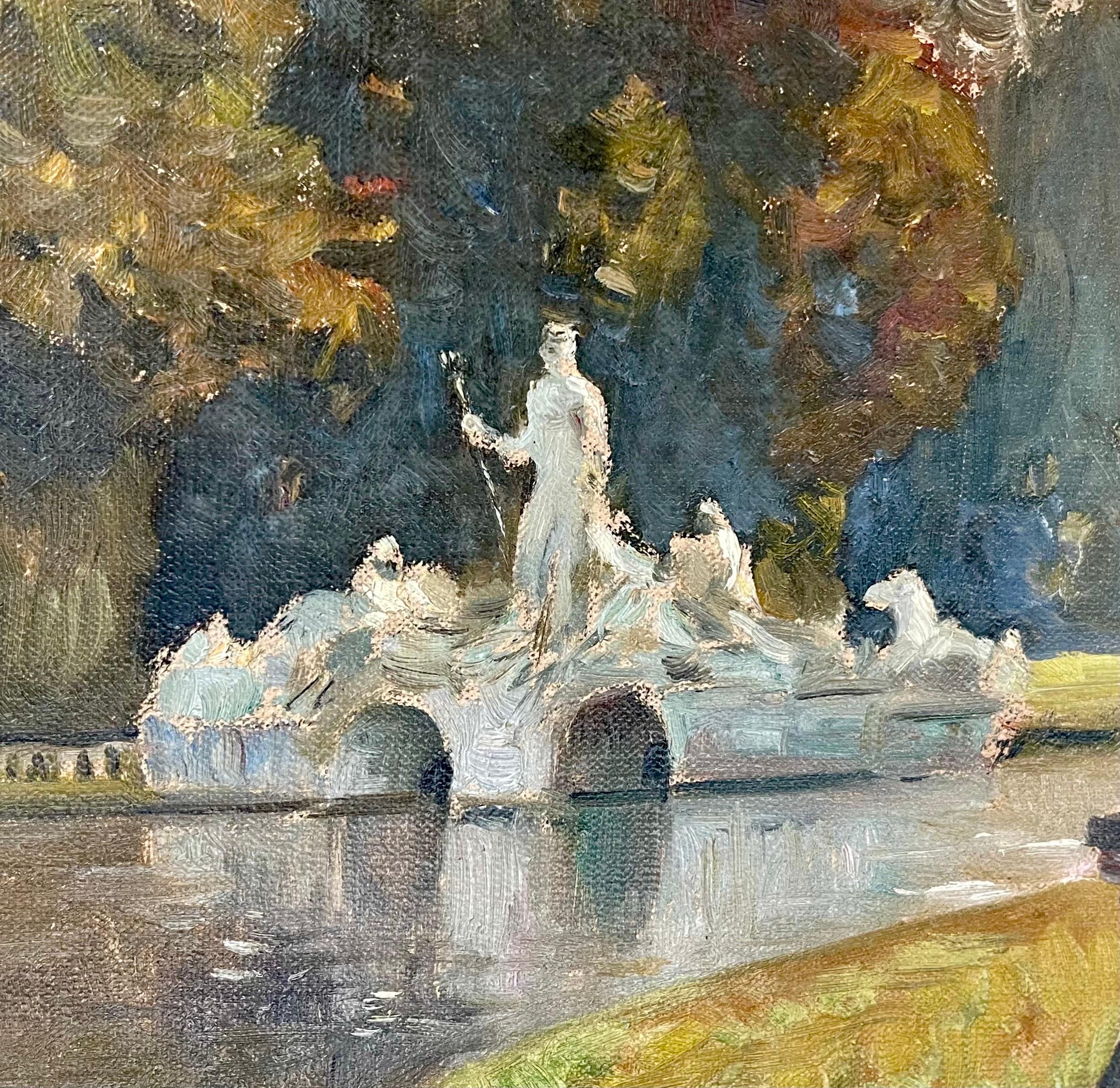 Maravilloso y vibrante cuadro postimpresionista que representa el estanque de Neptuno en el opulento parque del castillo de Beloeil en un soleado día de verano. Alojada en un marco antiguo con un motivo floral muy apropiado. Pintada con pinceladas