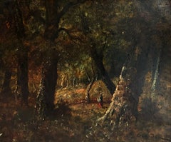 Paysanne dans la forêt par René Gourdon - Huile sur toile 54x66 cm