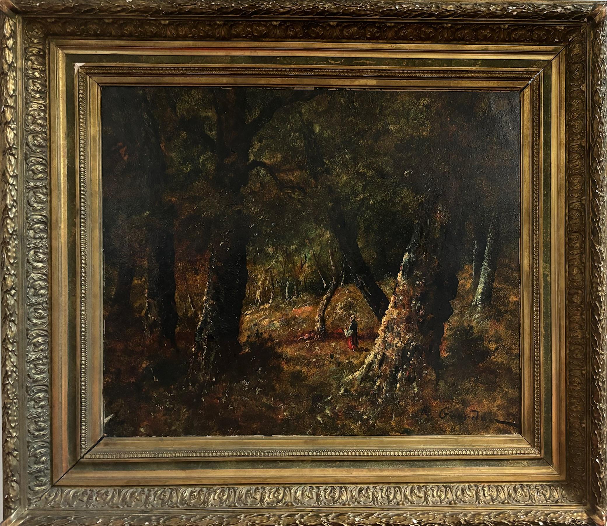 Campesina en el bosque de René Gourdon - Óleo sobre lienzo 54x66 cm en venta 2