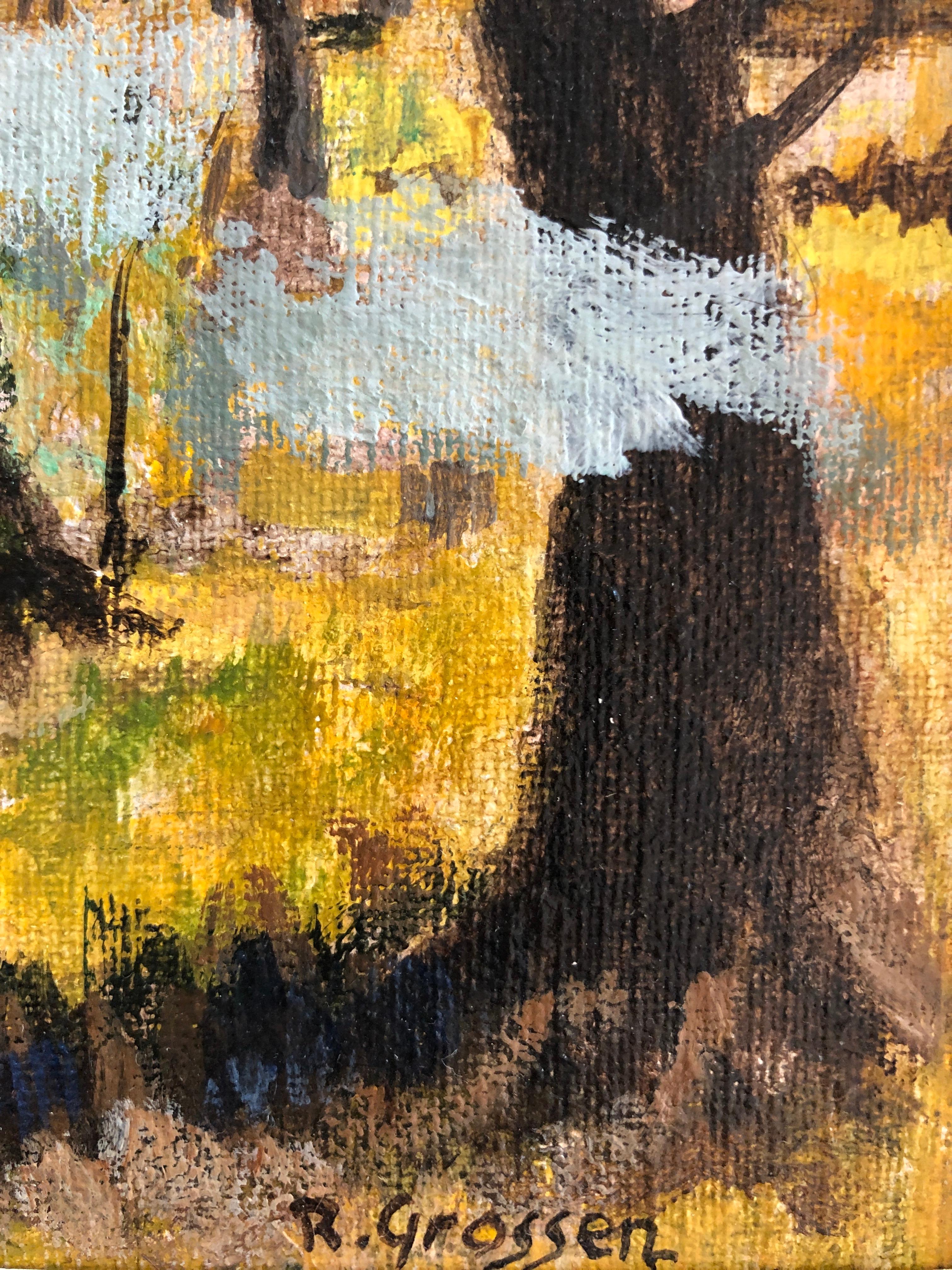 Arbeiten auf Leinwand 
Beigefarbener Holzrahmen und goldene Bordüren
33,2 x 38,2 x 32,7 cm