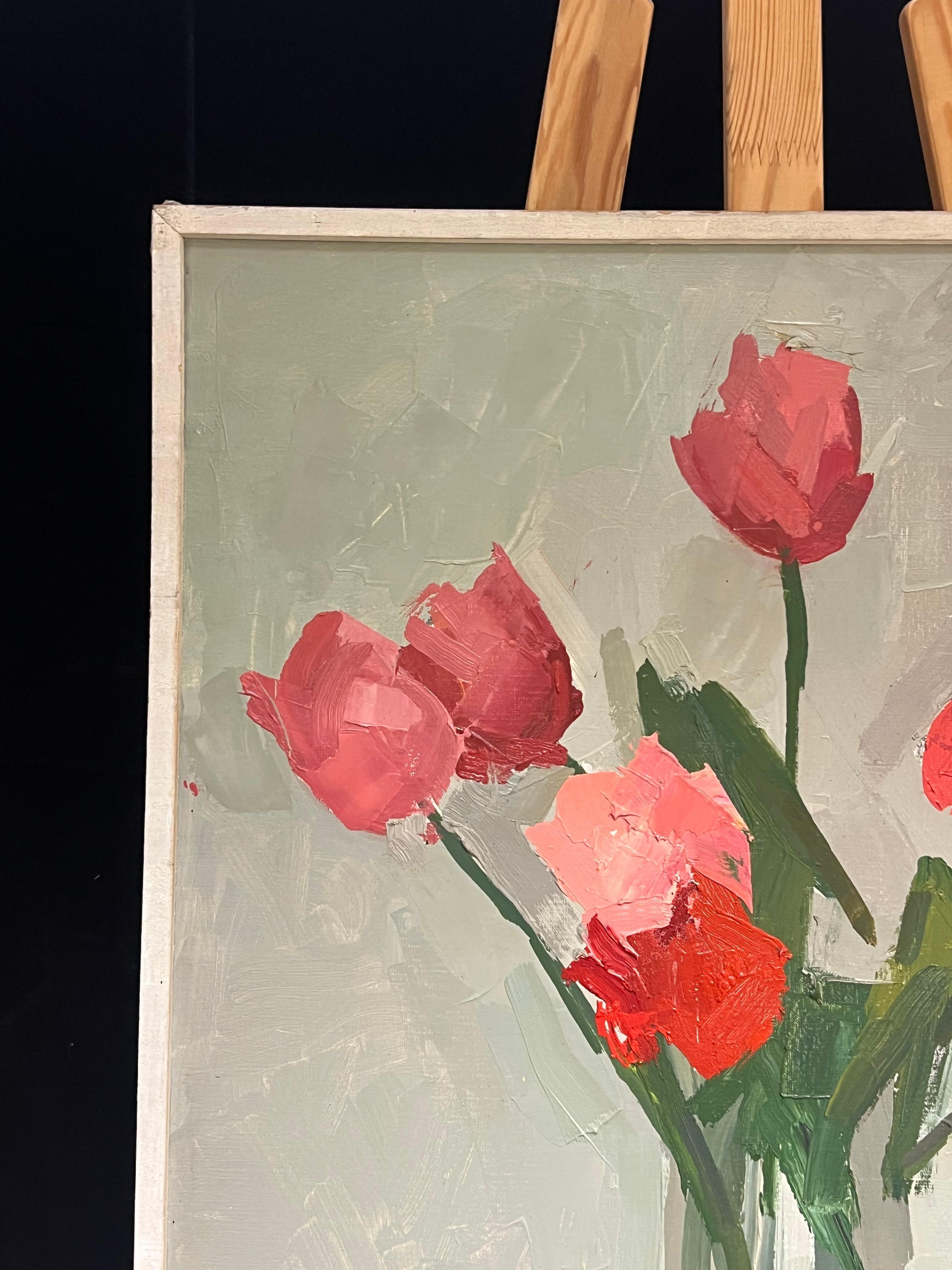 1970's French Modernist Still Life Oil Painting Red Tulips in Glass Vase 8