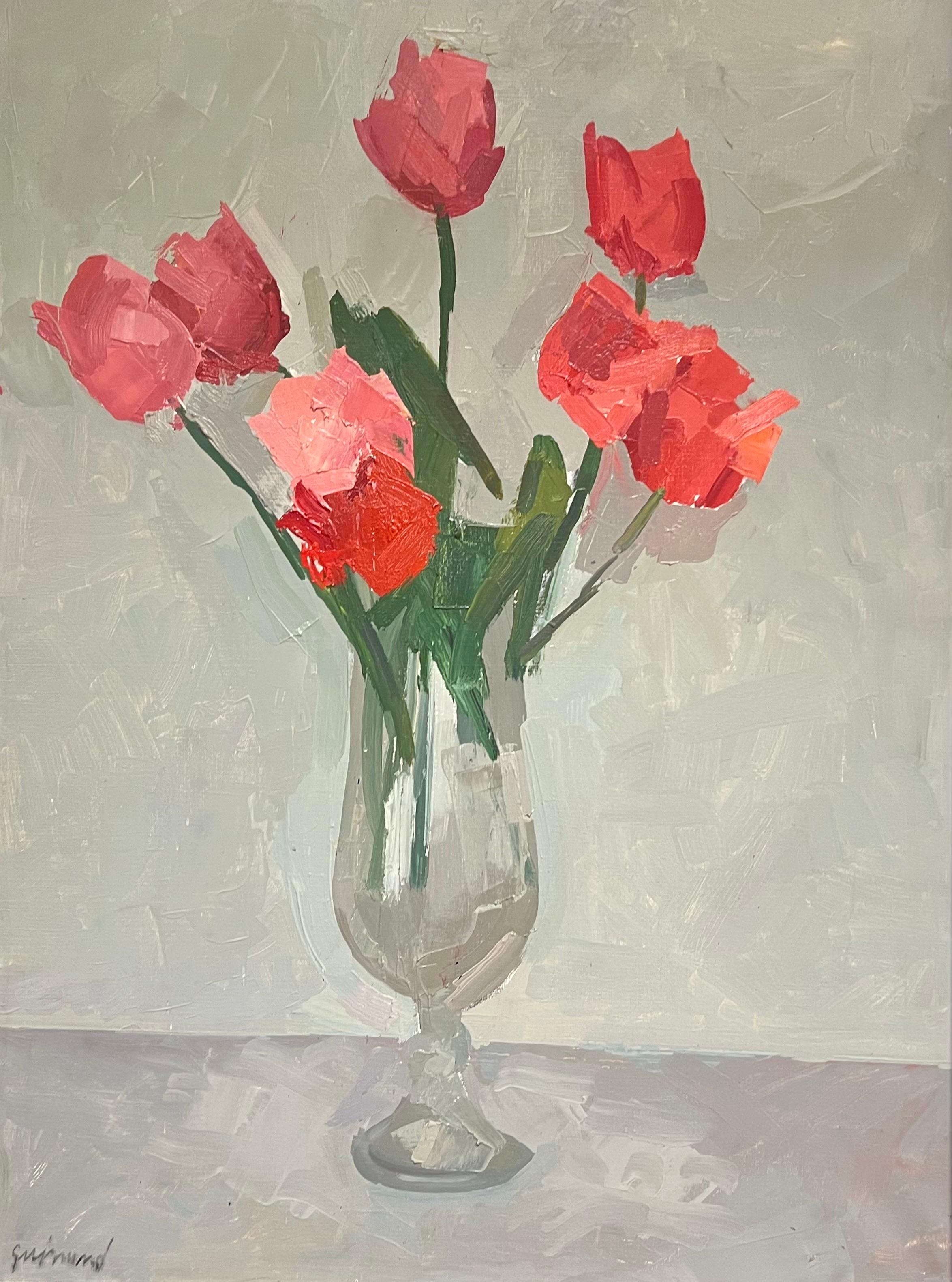 1970's French Modernist Still Life Oil Painting Red Tulips in Glass Vase - Gray Interior Painting by René GUINAND (1892-1983)