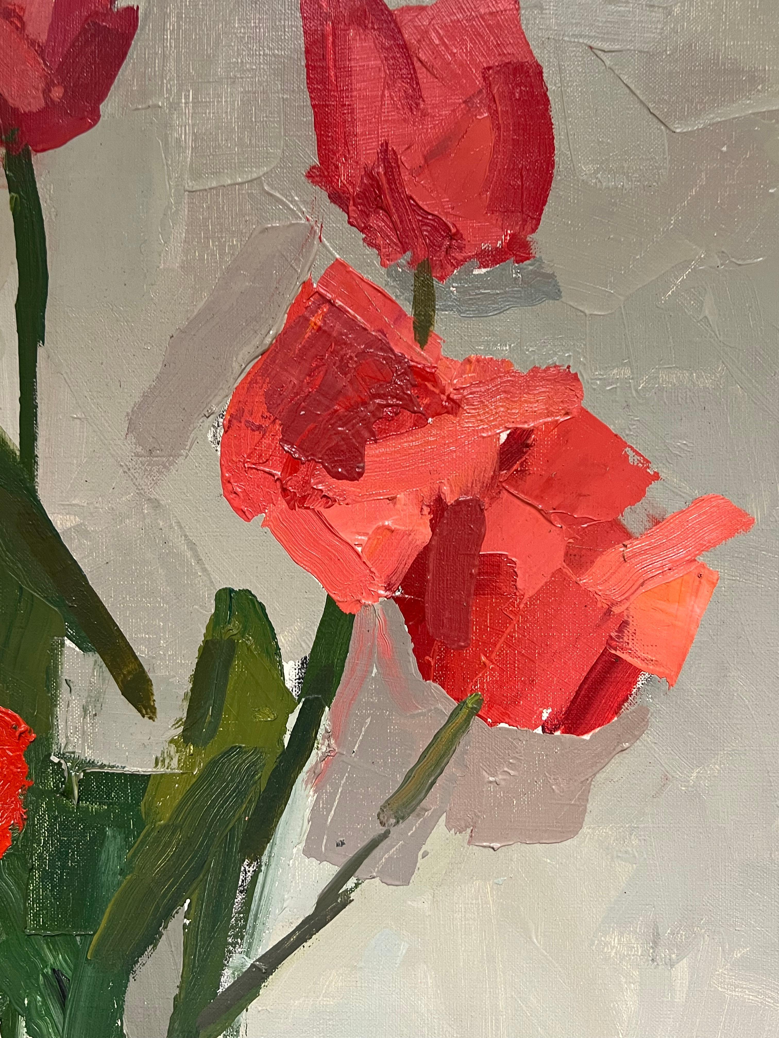 1970's French Modernist Still Life Oil Painting Red Tulips in Glass Vase 1