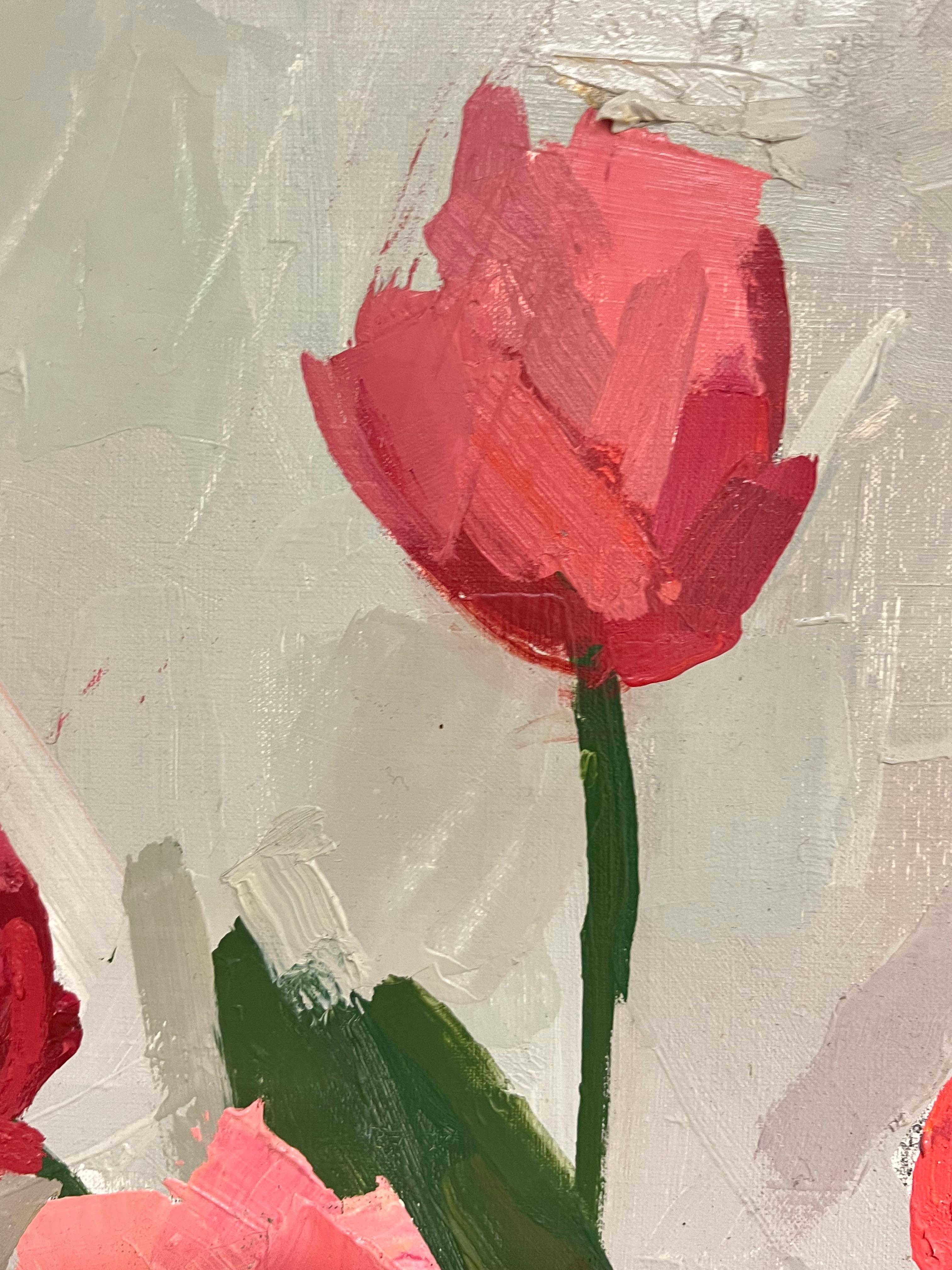 1970's French Modernist Still Life Oil Painting Red Tulips in Glass Vase 2