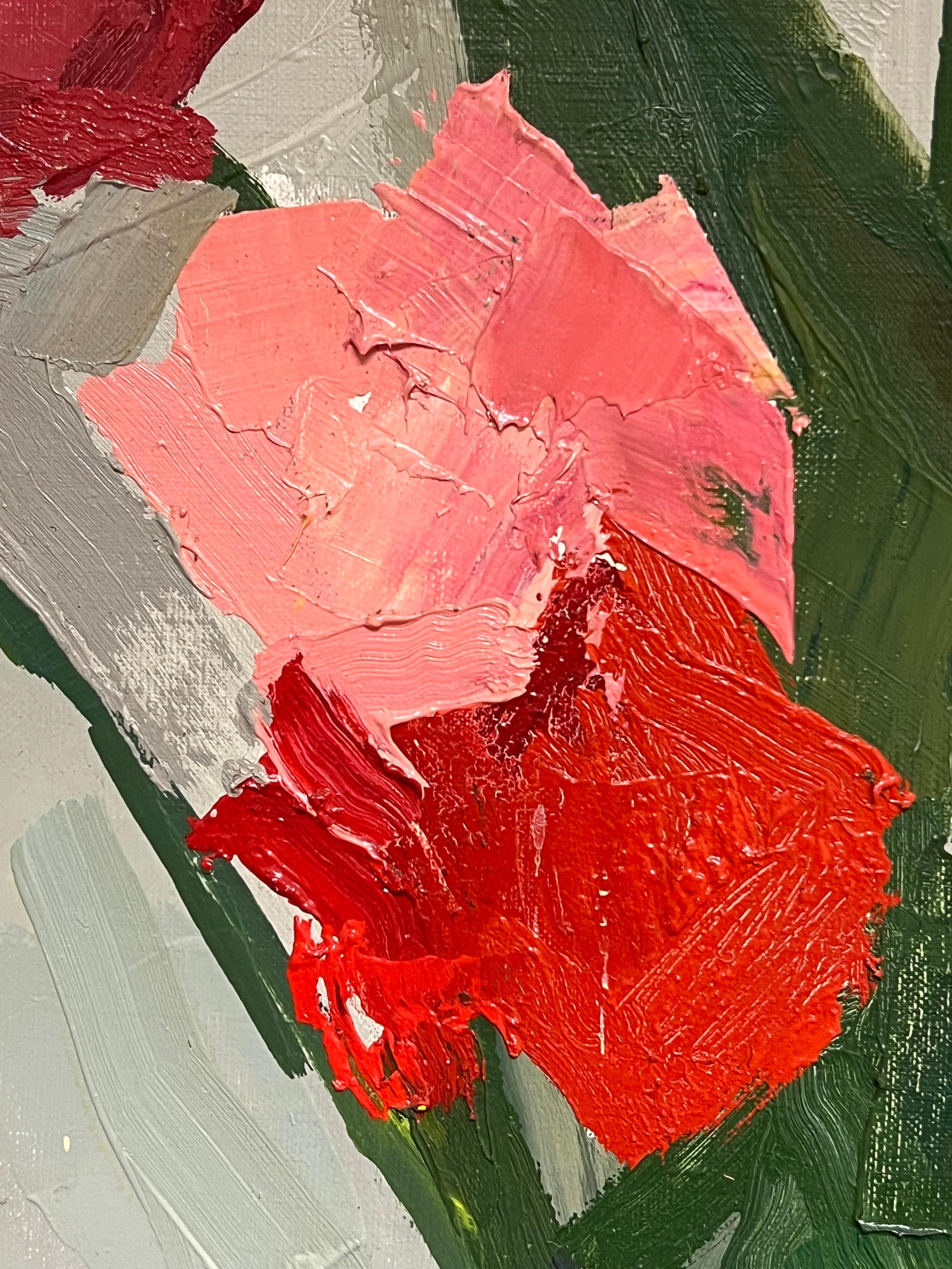 1970's French Modernist Still Life Oil Painting Red Tulips in Glass Vase 3