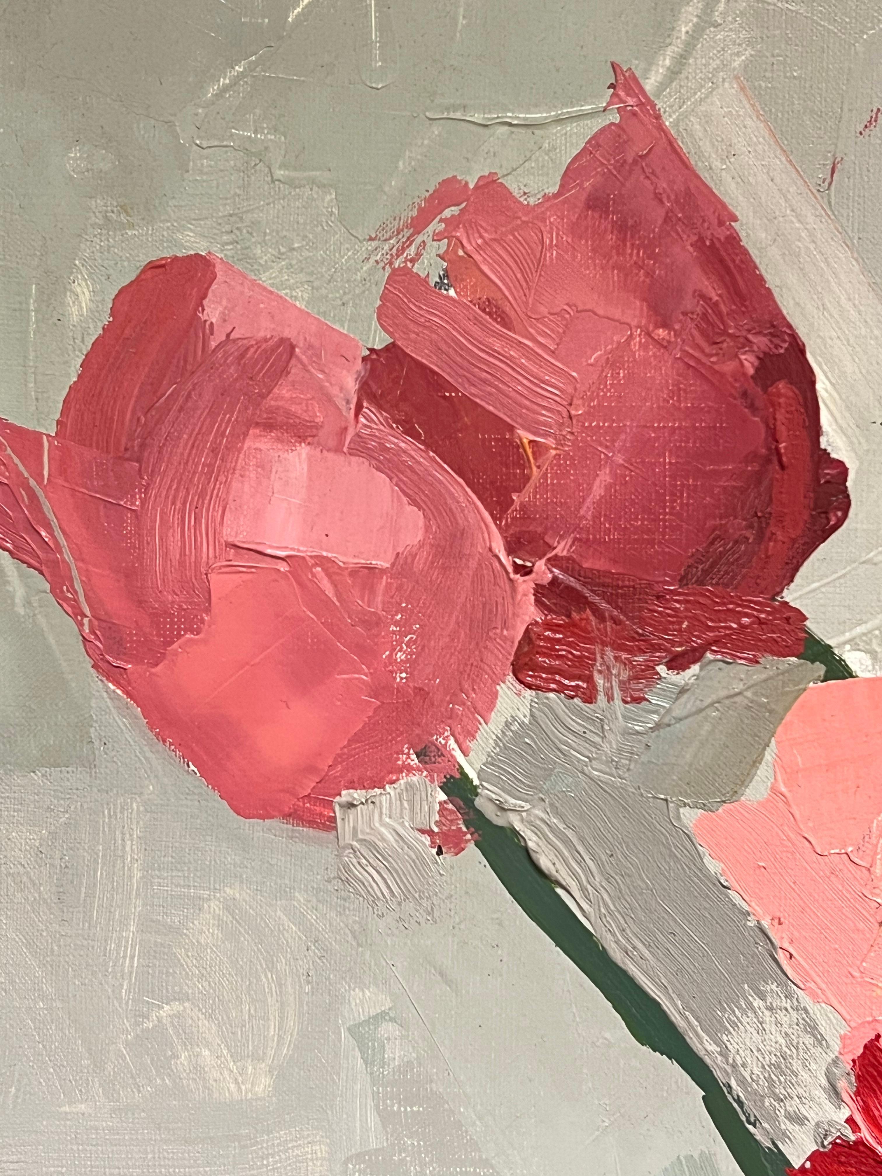 1970's French Modernist Still Life Oil Painting Red Tulips in Glass Vase 4