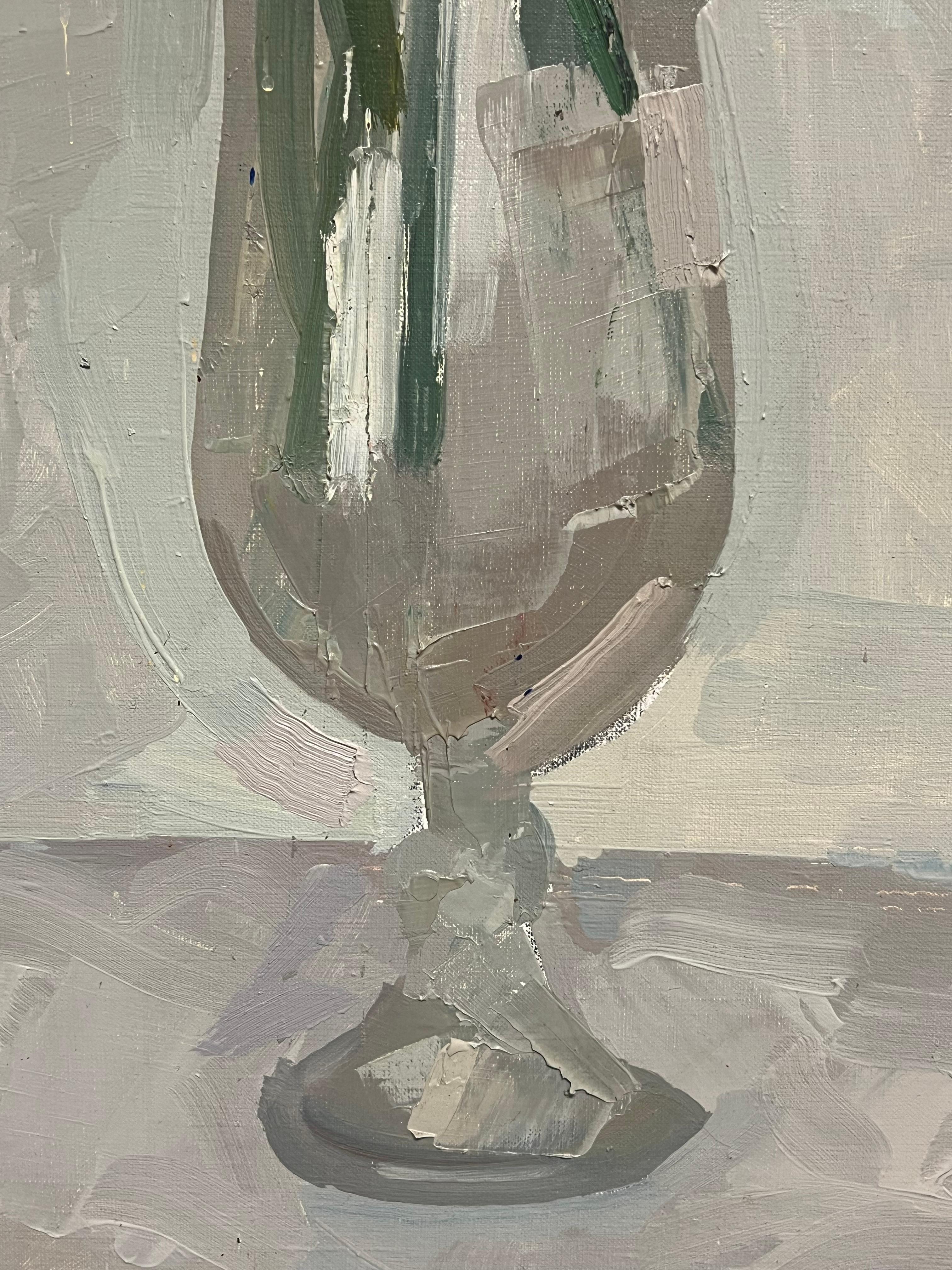 1970's French Modernist Still Life Oil Painting Red Tulips in Glass Vase 5