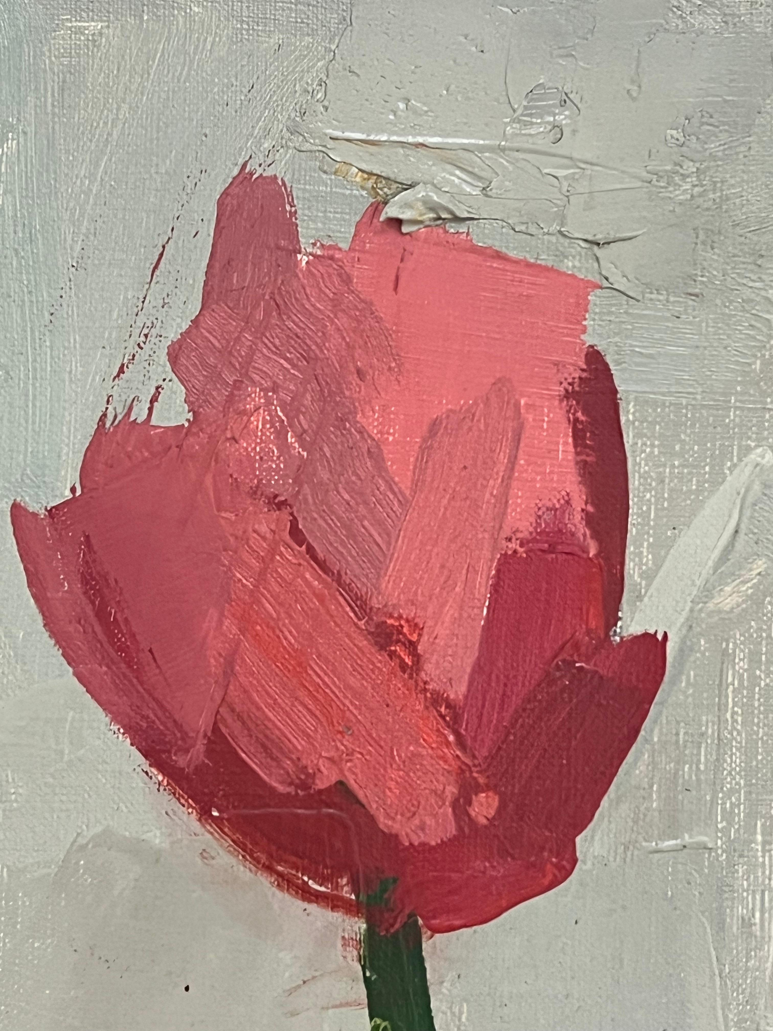 1970's French Modernist Still Life Oil Painting Red Tulips in Glass Vase 6