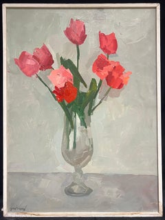 1970's French Modernist Still Life Oil Painting Red Tulips in Glass Vase