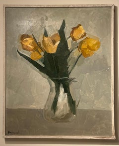1970's French Modernist Still Life Oil Painting Still Life Yellow Tulips in Vase