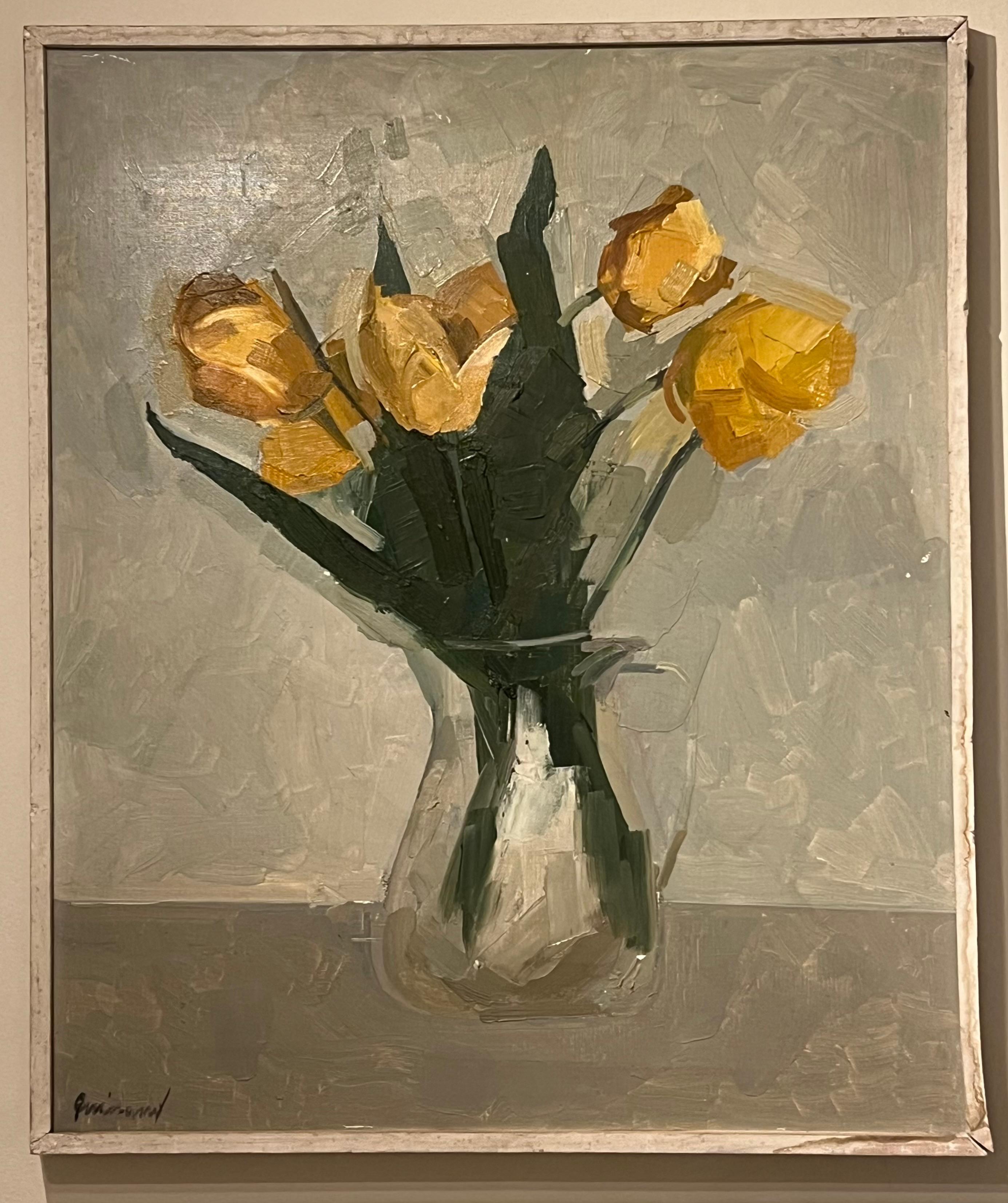 1970's French Modernist Still Life Oil Painting Still Life Yellow Tulips in Vase 1