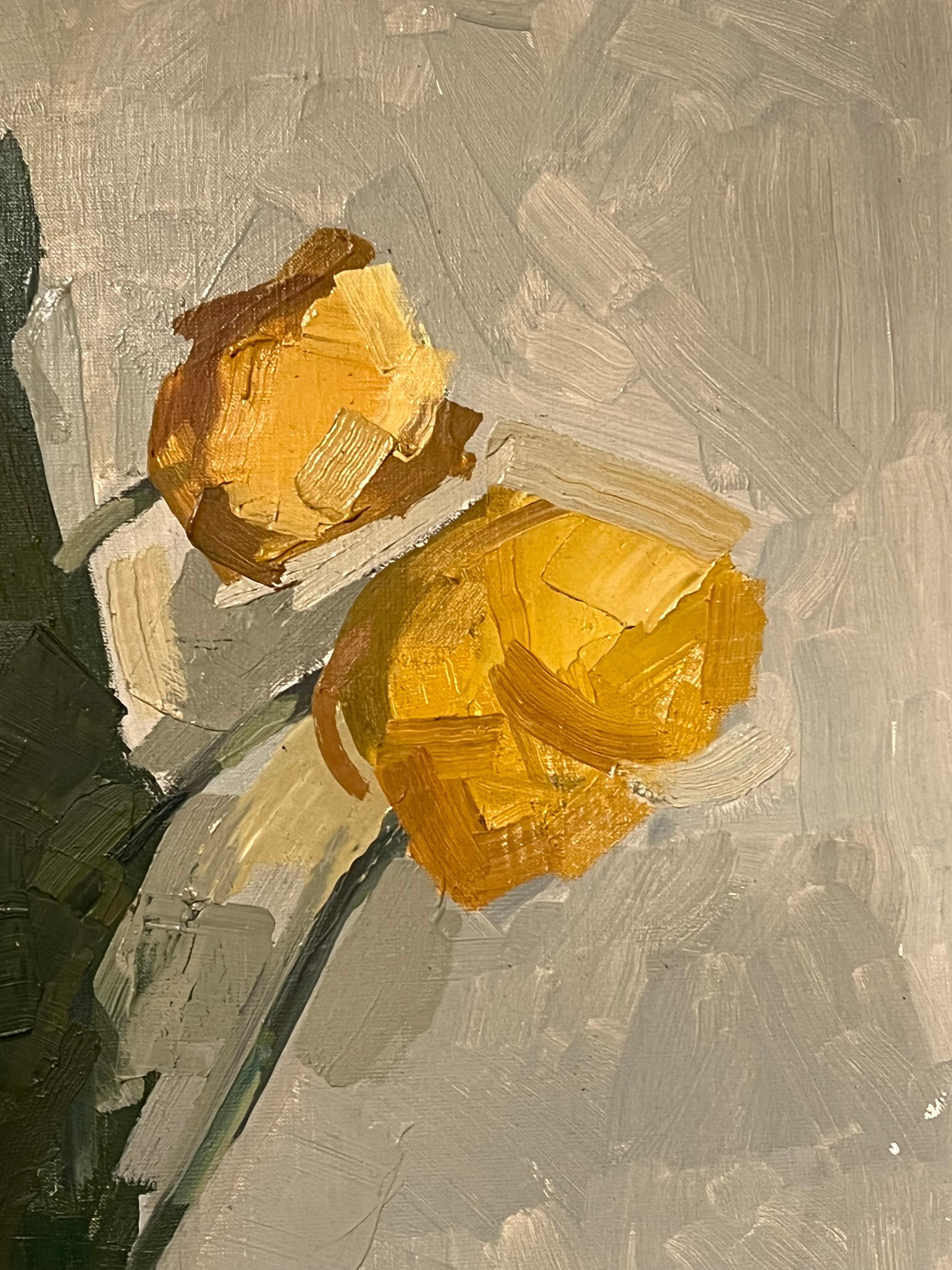 1970's French Modernist Still Life Oil Painting Still Life Yellow Tulips in Vase 2