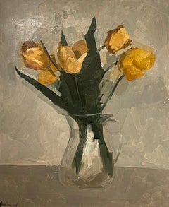 1970's French Modernist Still Life Oil Painting Still Life Yellow Tulips in Vase