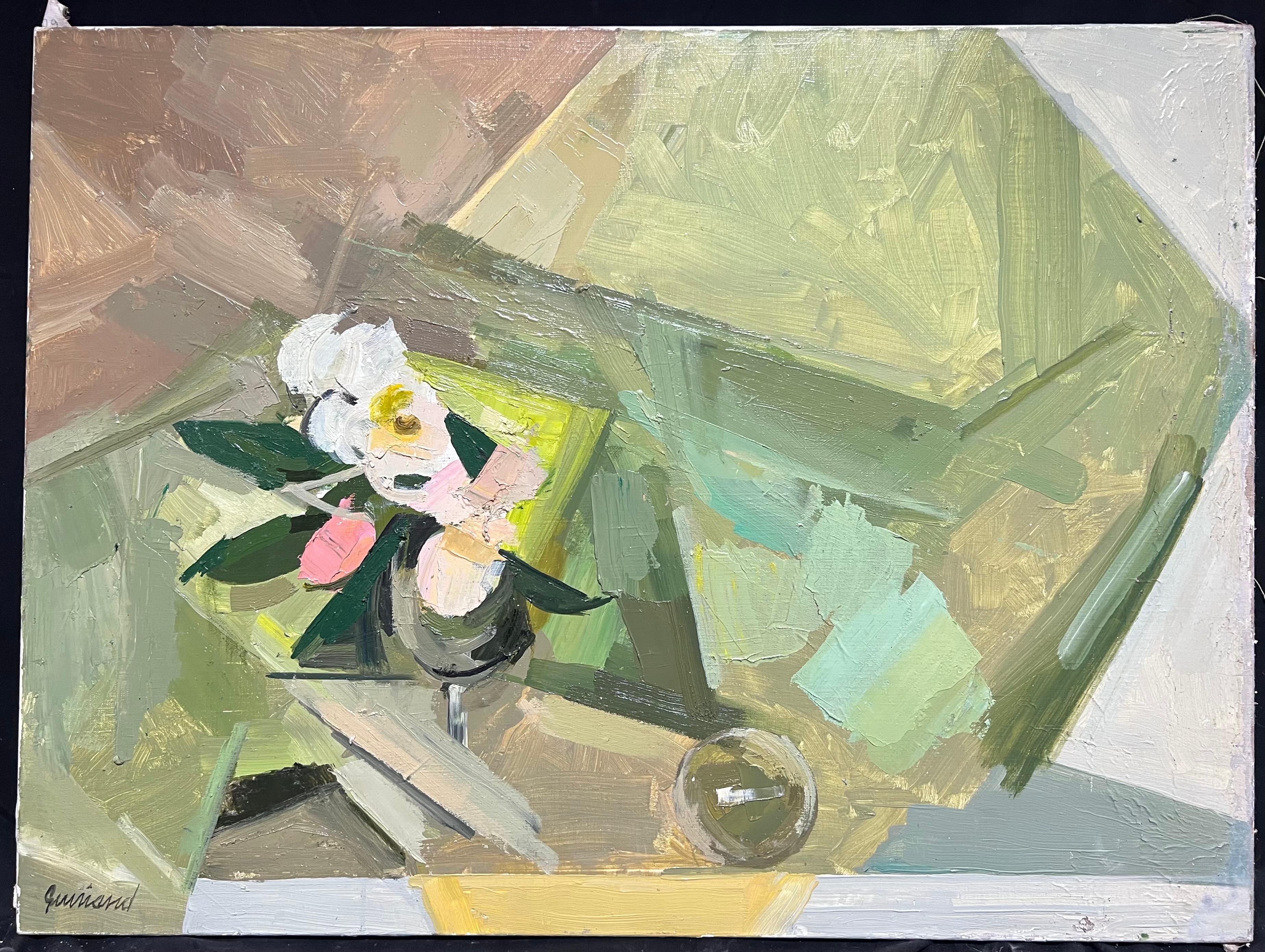 Naturaleza muerta floral abstracta modernista Pintura al óleo geométrica Colores pastel suaves - Painting de René GUINAND (1892-1983)