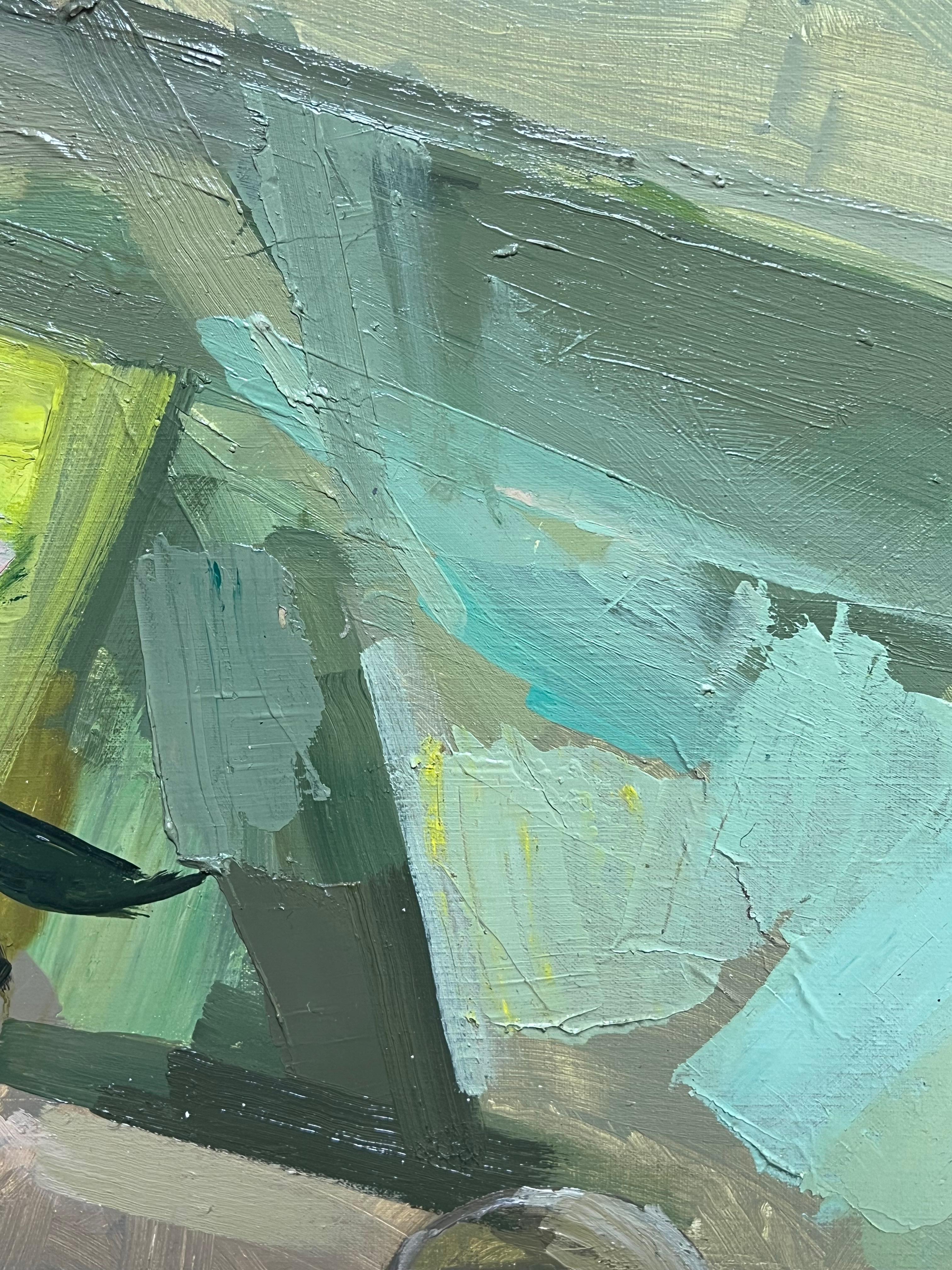 Naturaleza muerta floral abstracta modernista Pintura al óleo geométrica Colores pastel suaves en venta 3