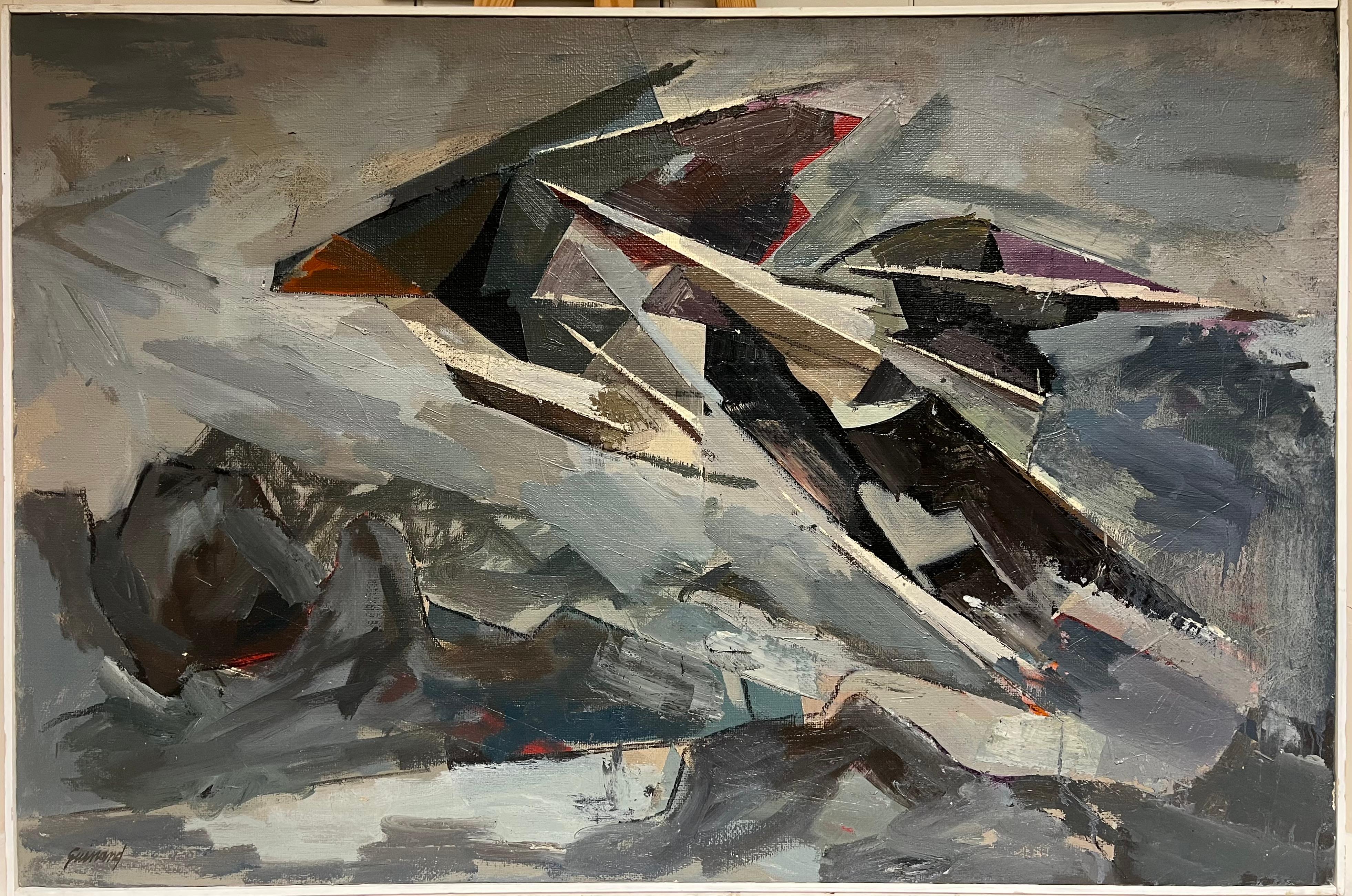 Huge 1960's Französisch Modernist kubistische abstrakte Ölgemälde gezackte Formen – Painting von René GUINAND (1892-1983)