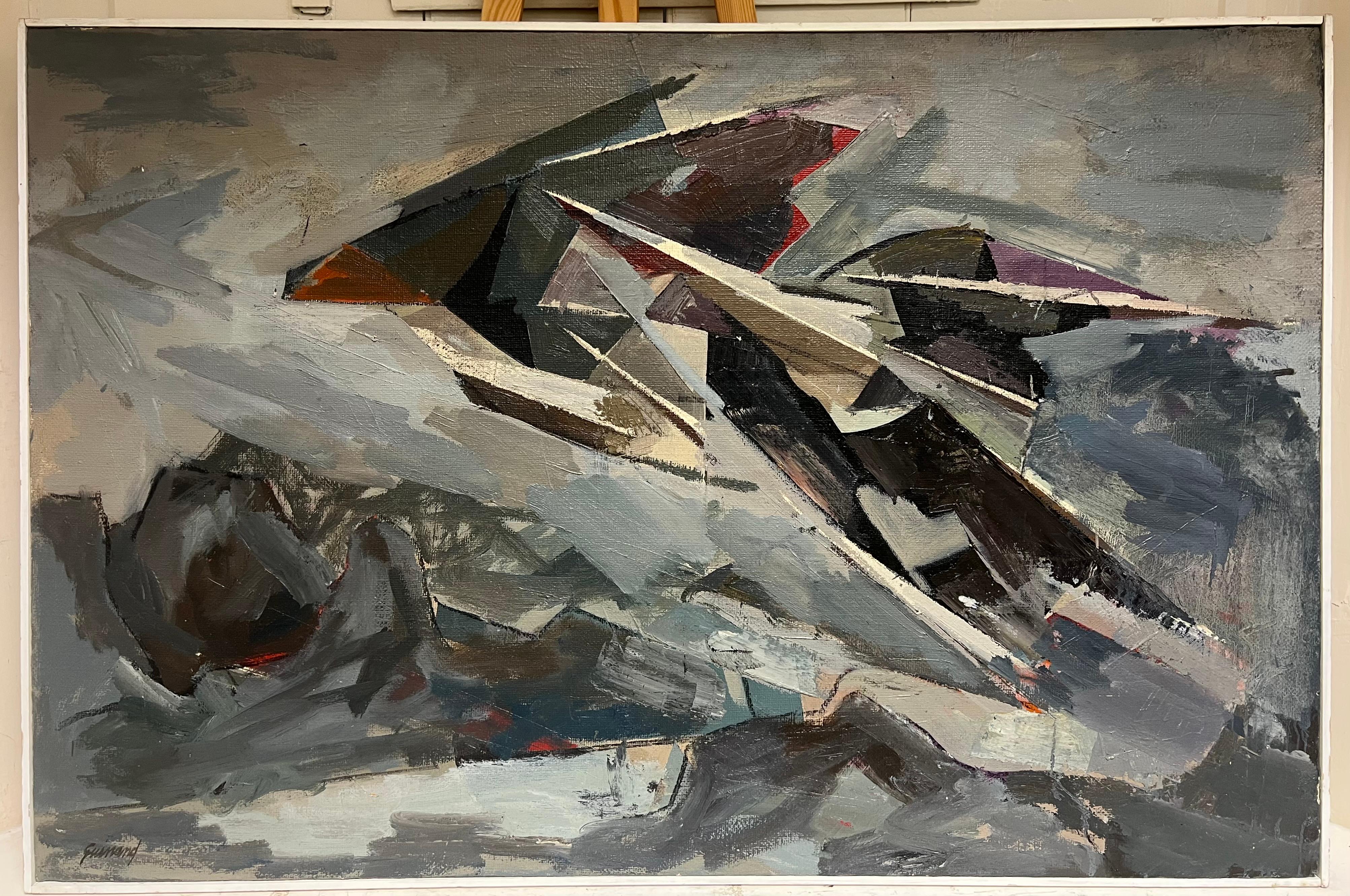 Huge 1960's Französisch Modernist kubistische abstrakte Ölgemälde gezackte Formen (Kubismus), Painting, von René GUINAND (1892-1983)