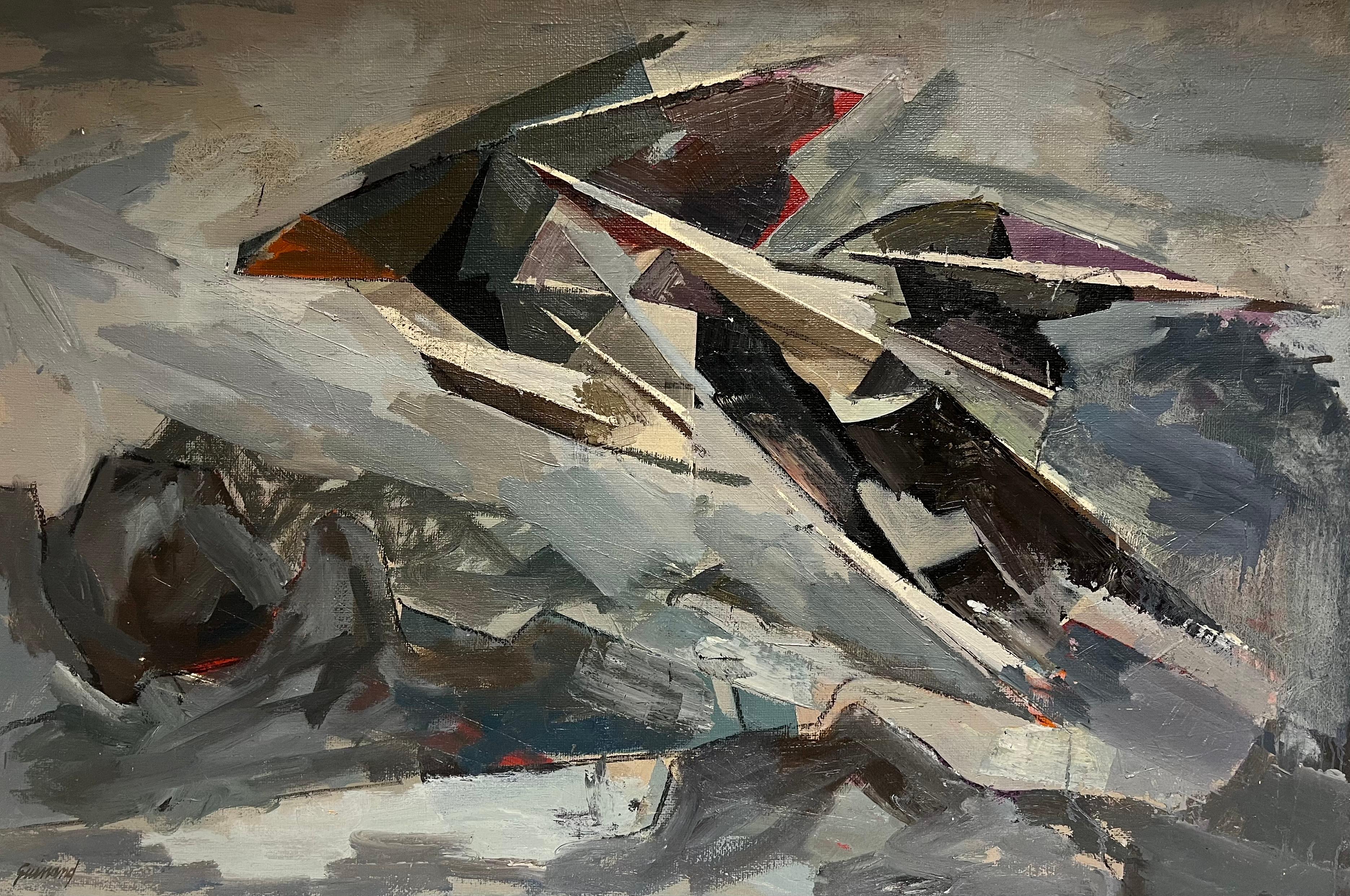 Enorme pittura ad olio astratta cubista francese degli anni '60 Forme frastagliate