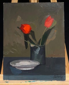 Large French Modernist Oil Painting of Red Tulips in a Vase 20th Century