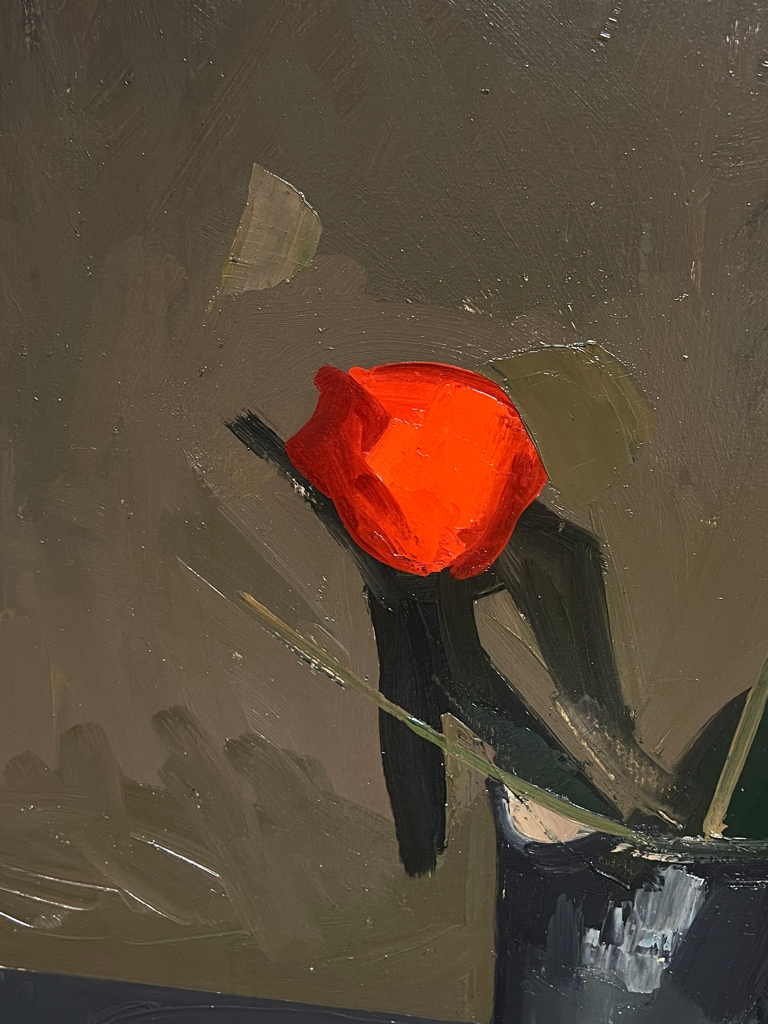 Großes französisches modernistisches Ölgemälde roter Tulpen in einer Vase, 20. Jahrhundert (Schwarz), Still-Life Painting, von René GUINAND (1892-1983)