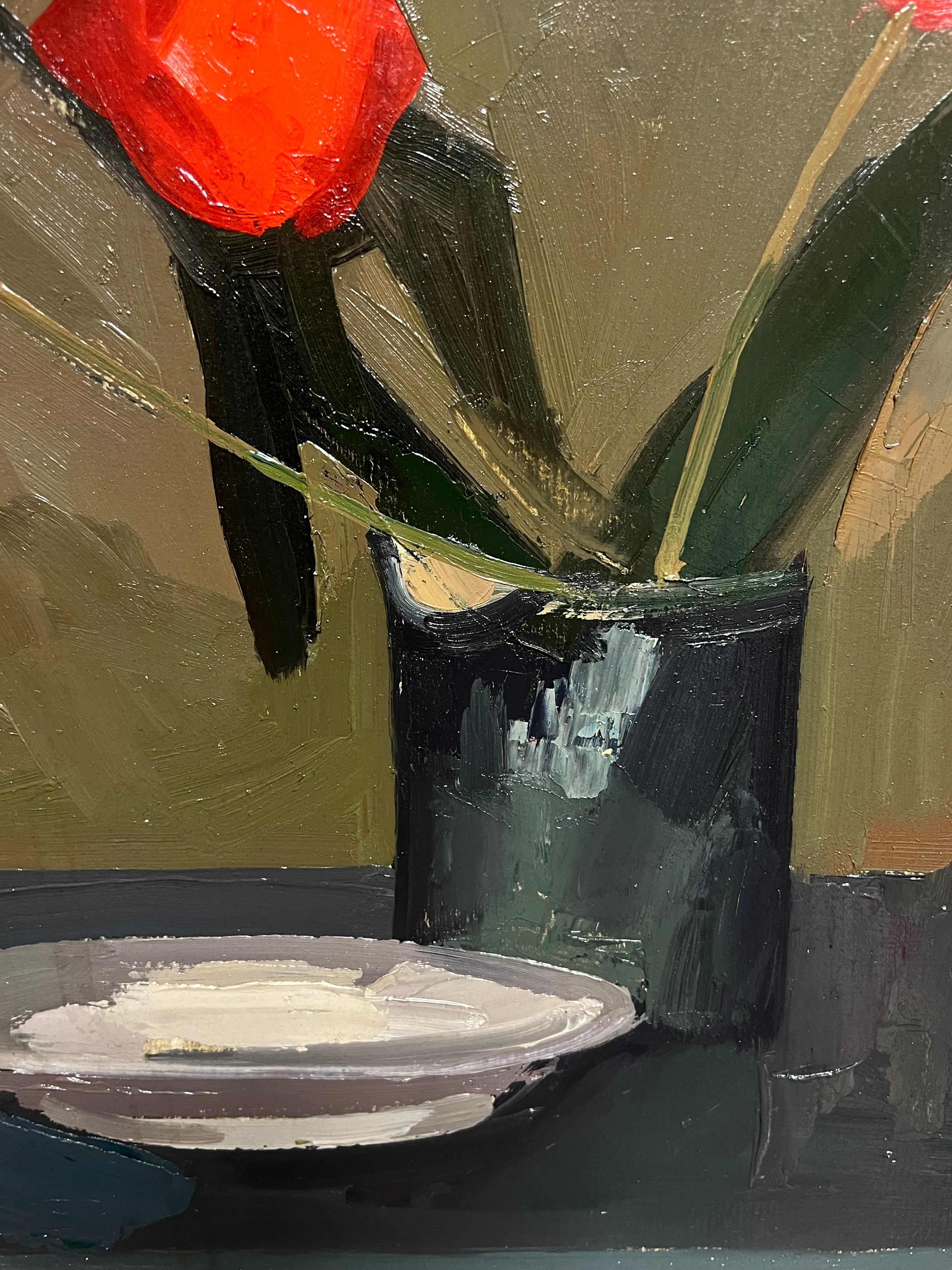 Großes französisches modernistisches Ölgemälde roter Tulpen in einer Vase, 20. Jahrhundert im Angebot 1