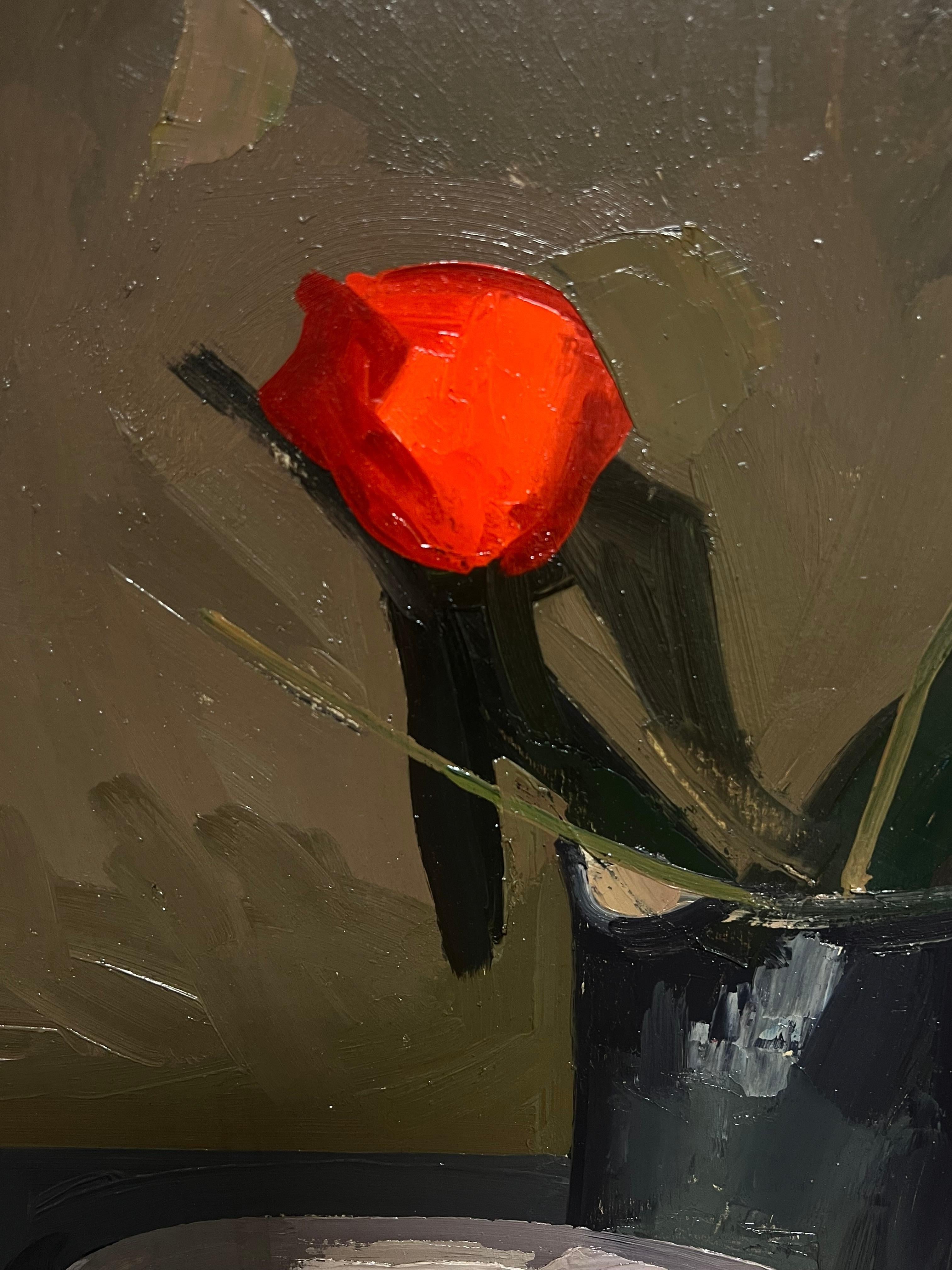 Großes französisches modernistisches Ölgemälde roter Tulpen in einer Vase, 20. Jahrhundert im Angebot 2