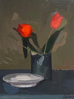 Großes französisches modernistisches Ölgemälde roter Tulpen in einer Vase, 20. Jahrhundert