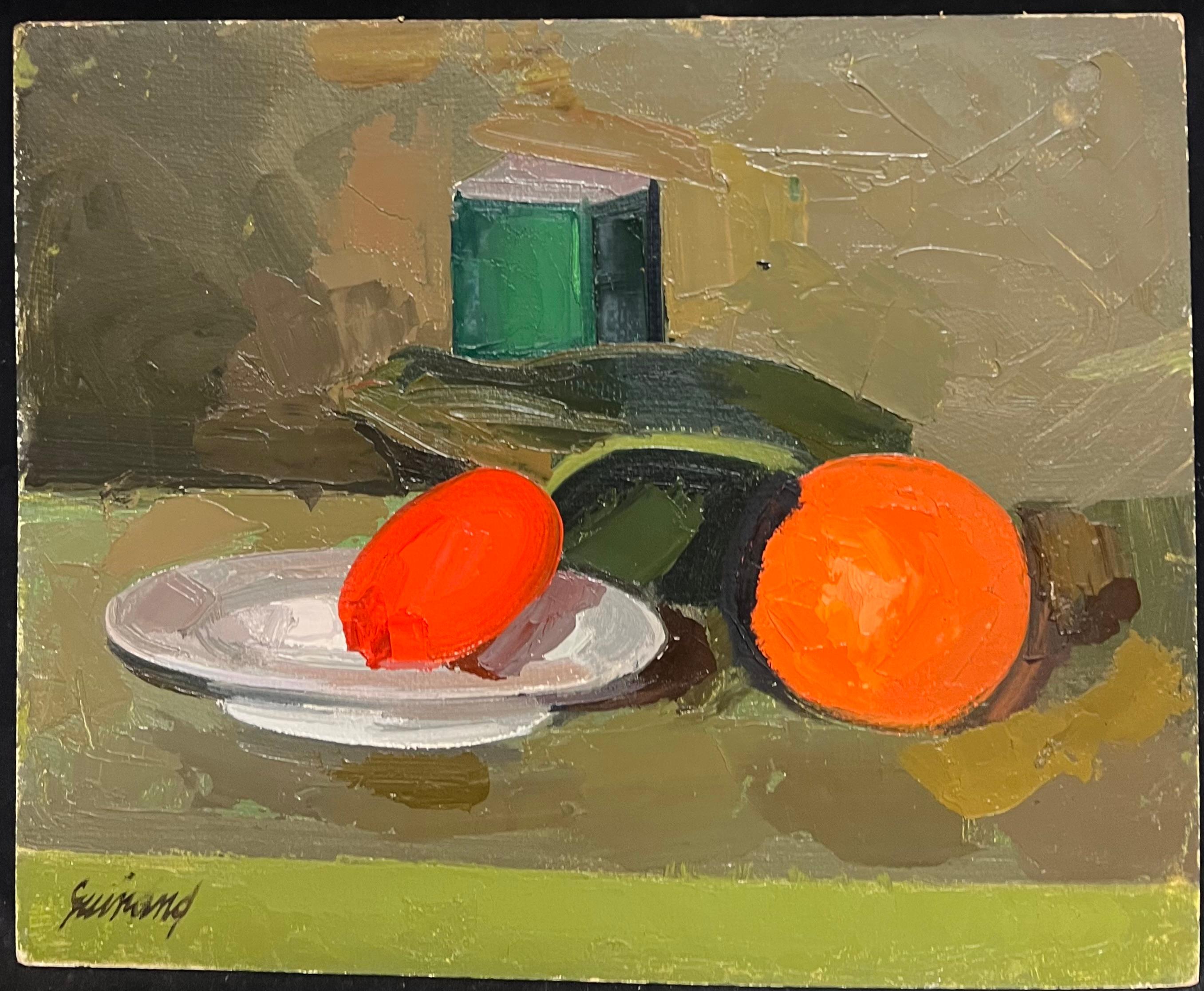 Large French Modernist Oil Painting Vibrant Still Life Red Green Orange - Brown Interior Painting by René GUINAND (1892-1983)