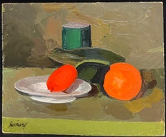 Large French Modernist Oil Painting Vibrant Still Life Red Green Orange