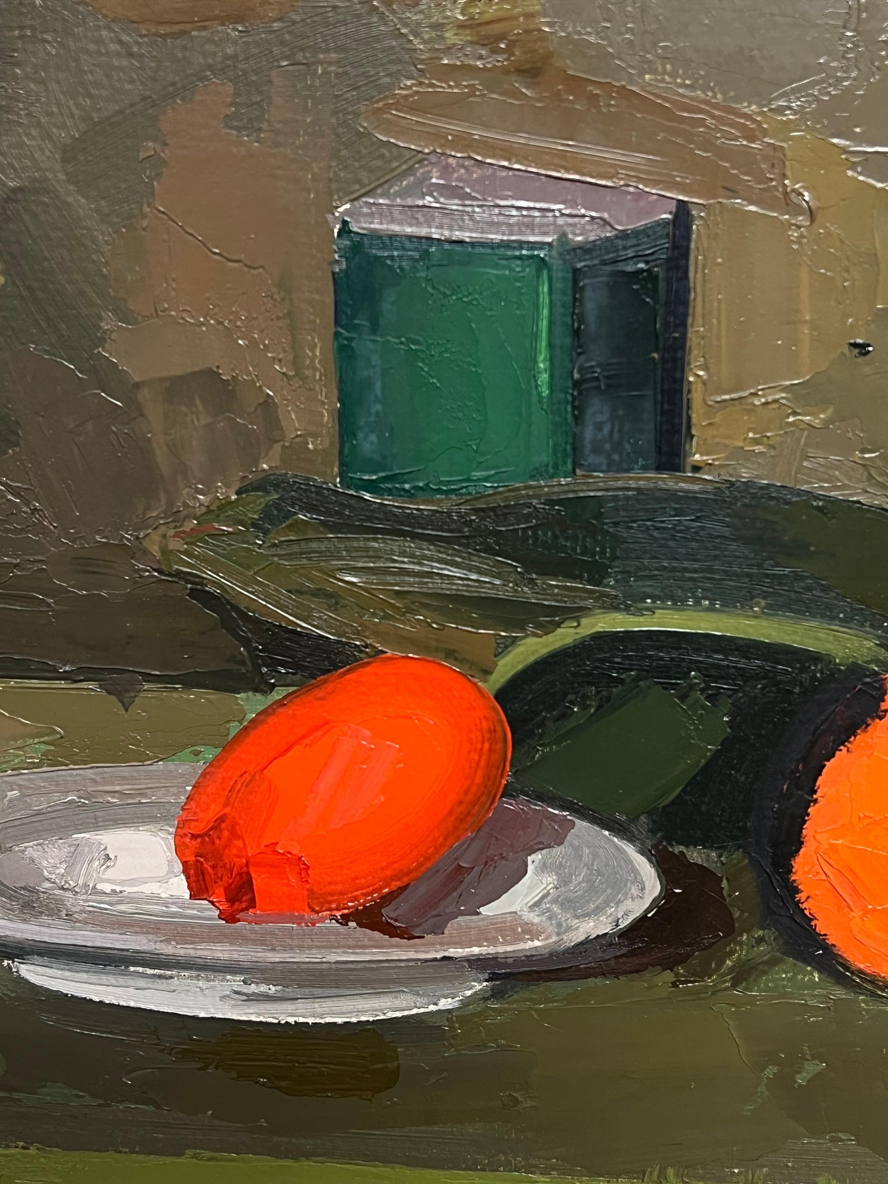 Large French Modernist Oil Painting Vibrant Still Life Red Green Orange For Sale 1