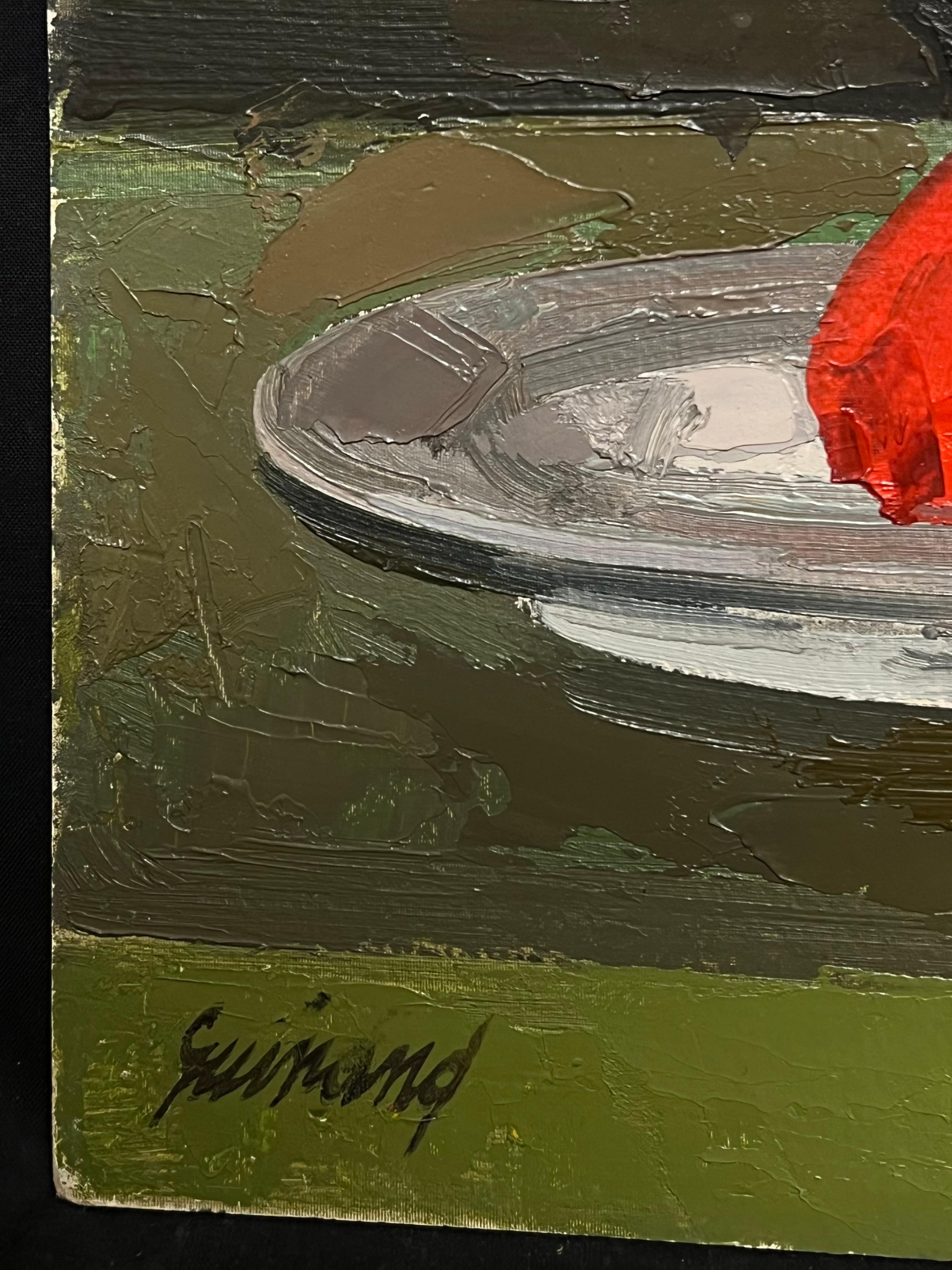 Large French Modernist Oil Painting Vibrant Still Life Red Green Orange For Sale 2