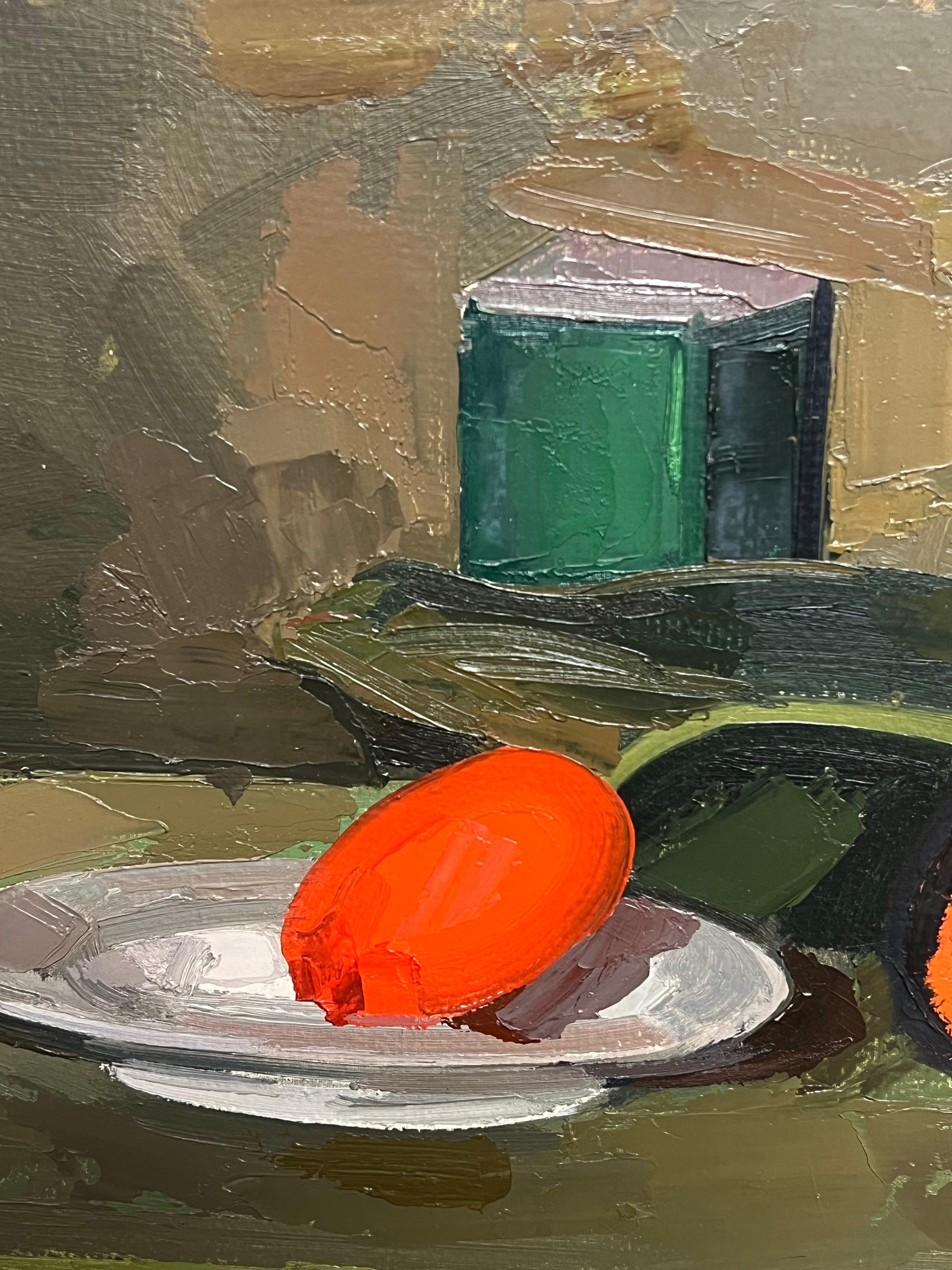Large French Modernist Oil Painting Vibrant Still Life Red Green Orange For Sale 4