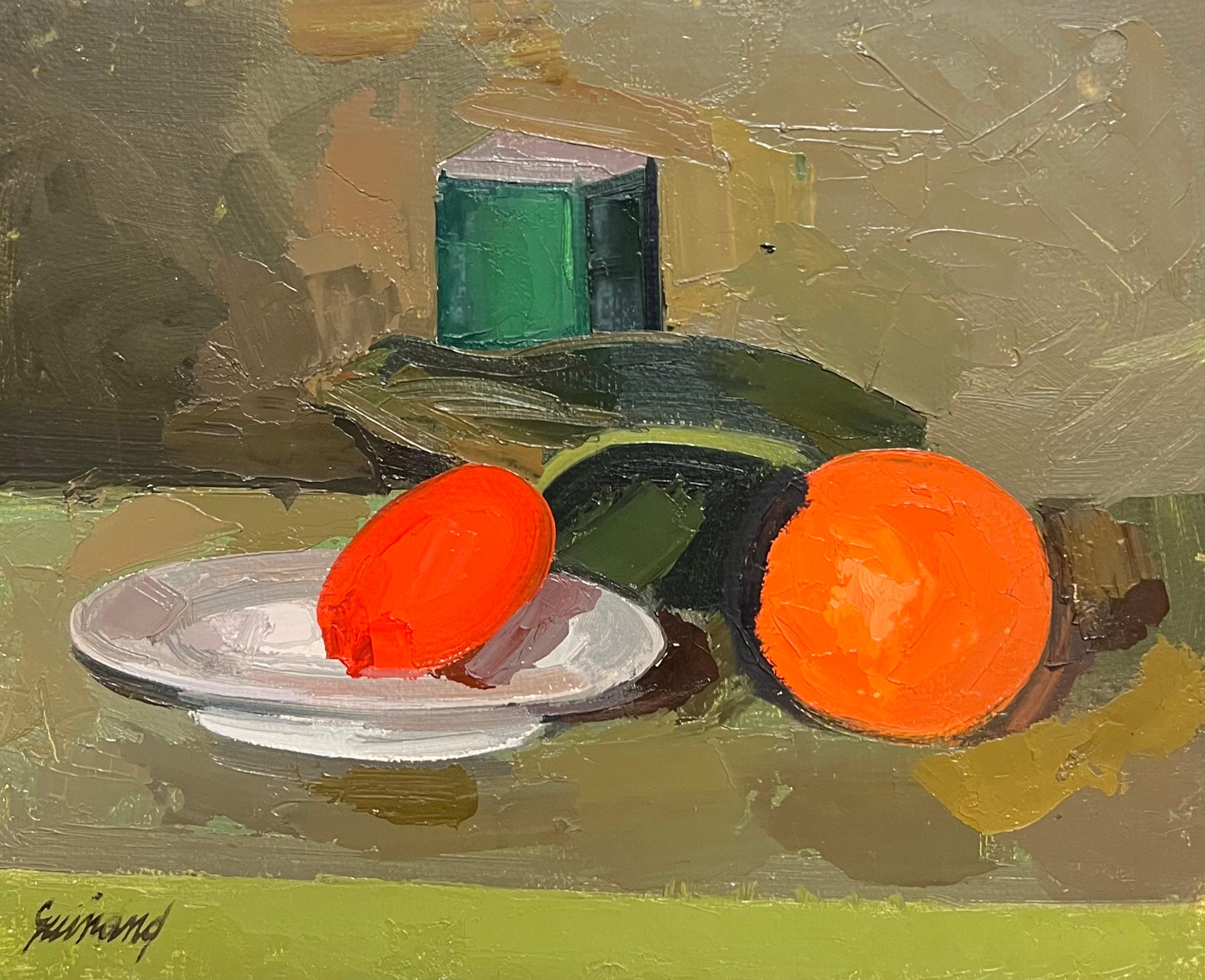 René GUINAND (1892-1983) Interior Painting - Large French Modernist Oil Painting Vibrant Still Life Red Green Orange