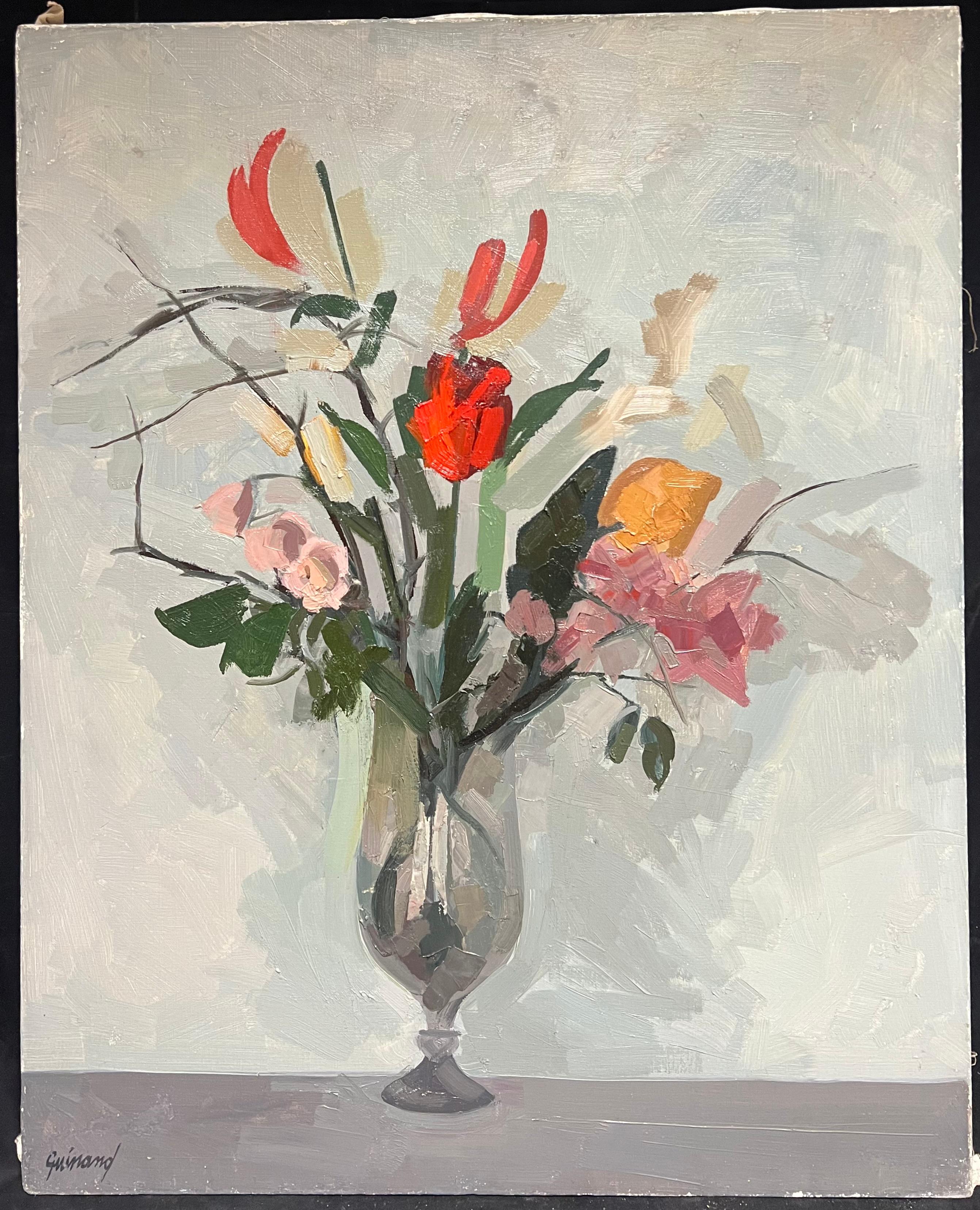 Natura morta floreale moderna francese Eleg Bouquet in un vaso di vetro Pittura ad olio - Painting di René GUINAND (1892-1983)