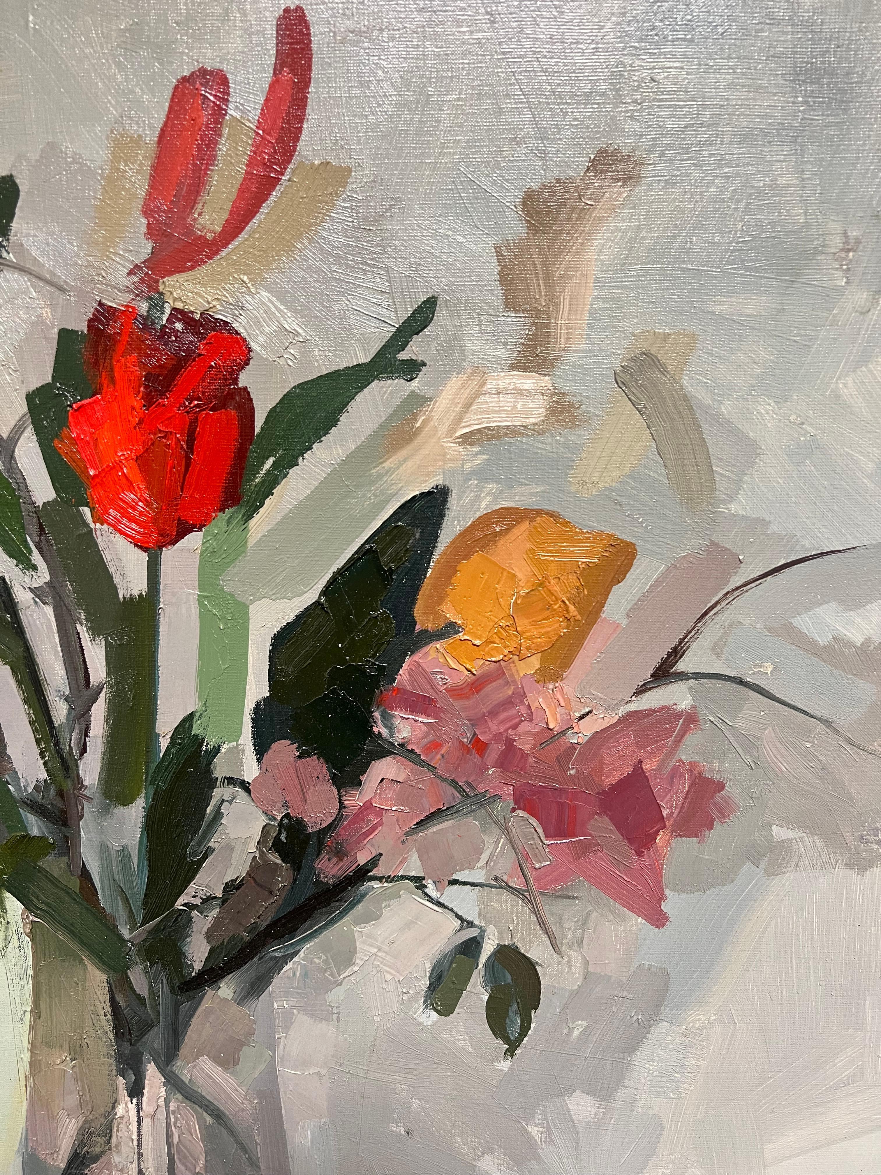 Natura morta floreale moderna francese Eleg Bouquet in un vaso di vetro Pittura ad olio - Painting Impressionismo di René GUINAND (1892-1983)
